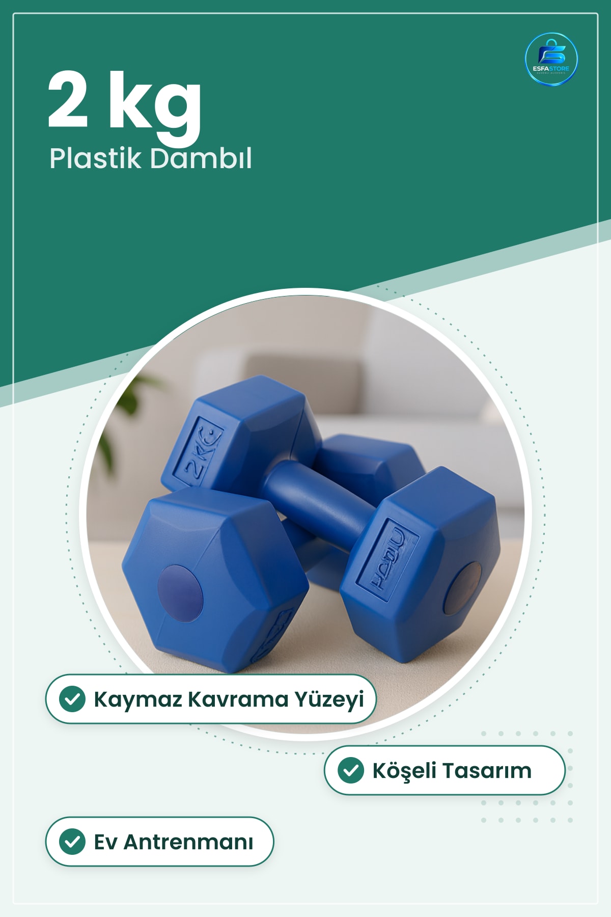 Dambıl 2 kg Plastik Köşeli Çift Ev Antrenman Fitness Egzersiz Ağırlığı Kaymaz Kavrama Yüzeyli