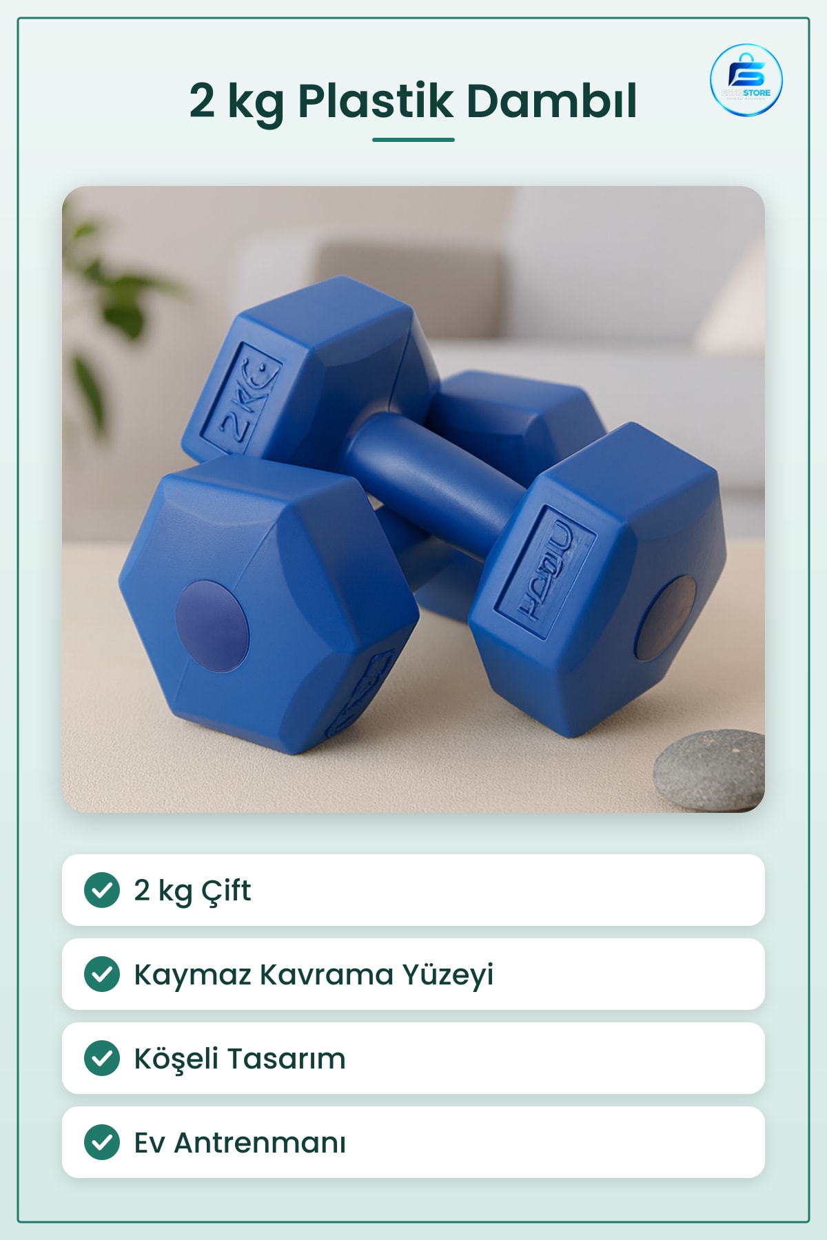 Dambıl 2 kg Plastik Köşeli Çift Ev Antrenman Fitness Egzersiz Ağırlığı Kaymaz Kavrama Yüzeyli