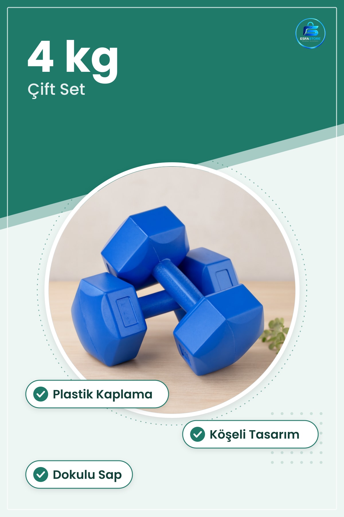 Dambıl Çift Seti 4 kg Plastik Köşeli Kaplamalı Fitness Ağırlık Egzersiz Ev Spor Antrenman