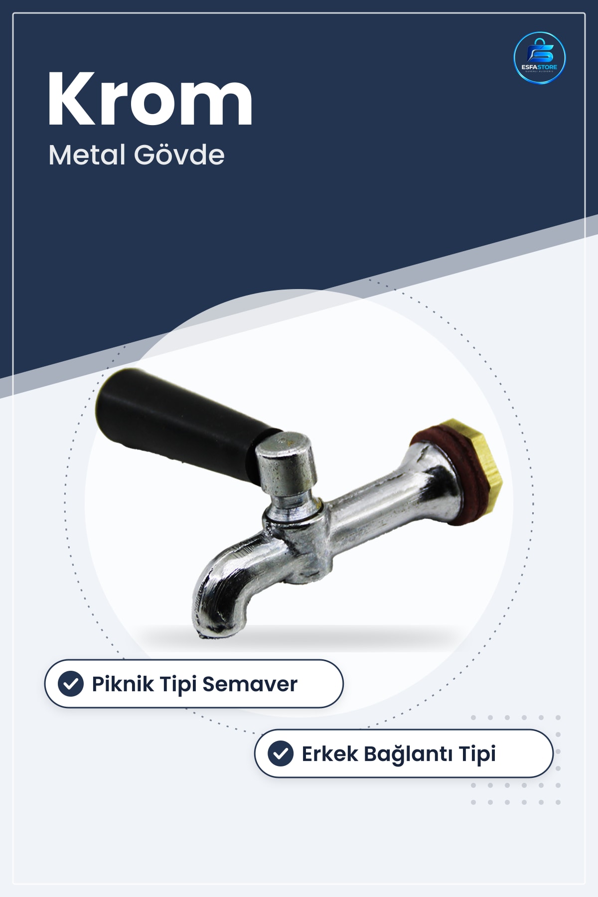 Semaver Musluu Piknik Tipi Krom Metal Gövde Siyah Kollu Erkek Bağlantı Sıcak Su Kullanışlı