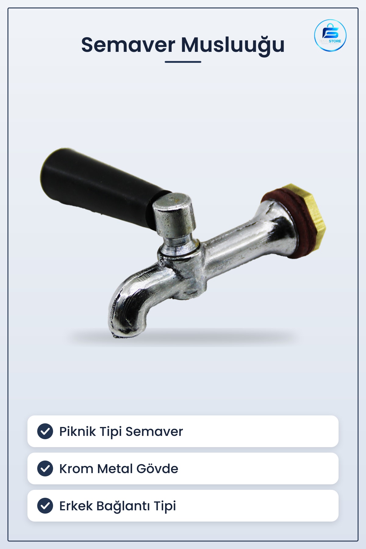 Semaver Musluu Piknik Tipi Krom Metal Gövde Siyah Kollu Erkek Bağlantı Sıcak Su Kullanışlı