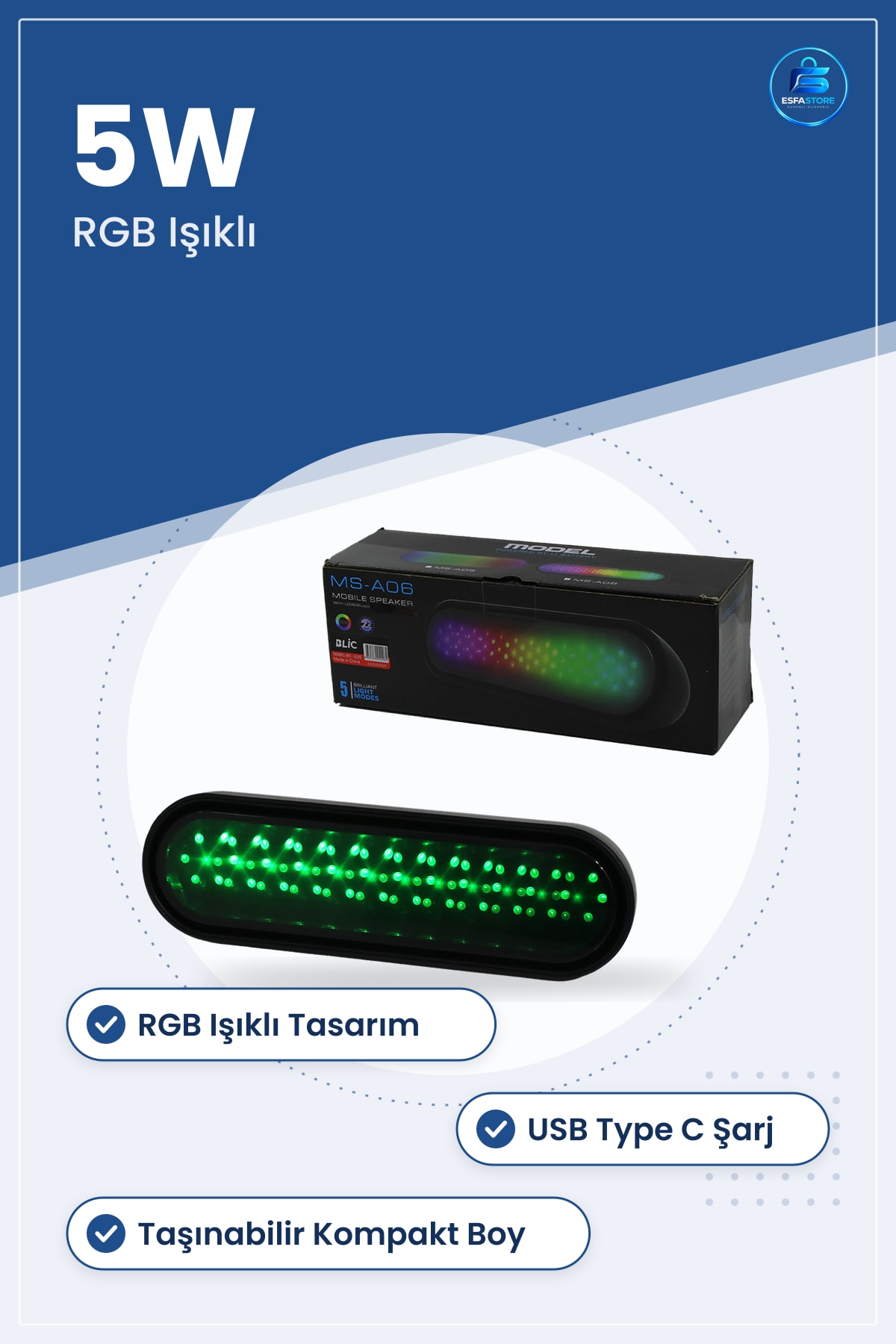 Bluetooth Hoparlör RGB Işıklı Taşınabilir 5W USB Type C Kablosuz Ses Kompakt Müzik Çalar