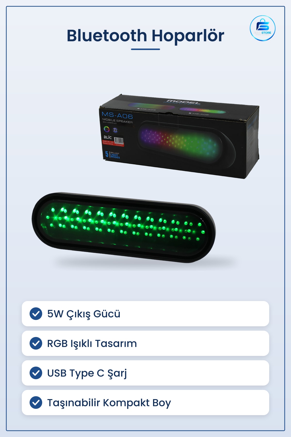 Bluetooth Hoparlör RGB Işıklı Taşınabilir 5W USB Type C Kablosuz Ses Kompakt Müzik Çalar