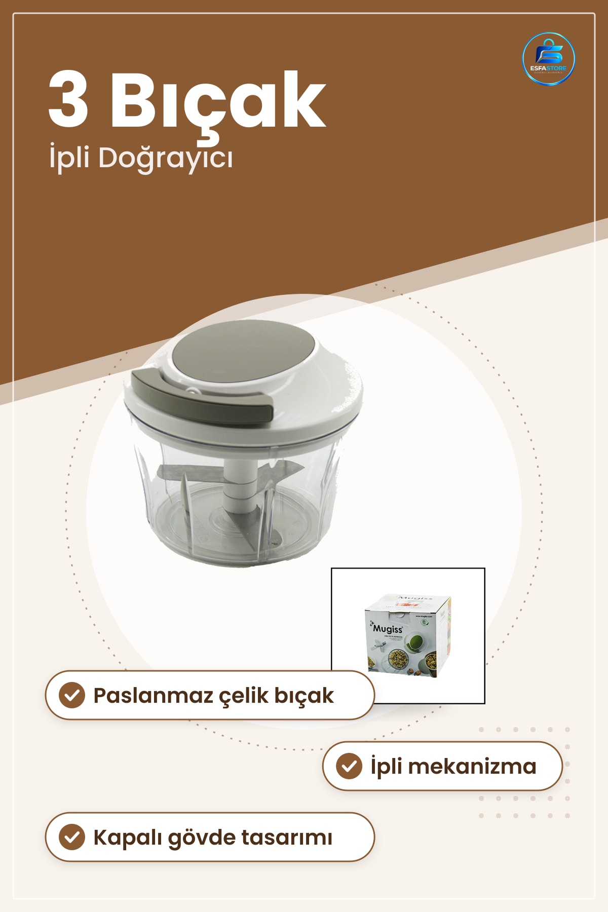 İpli Sebze Doğrayıcı El Rondosu 3 Bıçaklı Paslanmaz Çelik Mutfak Meyve Salata Hazırlama Aleti