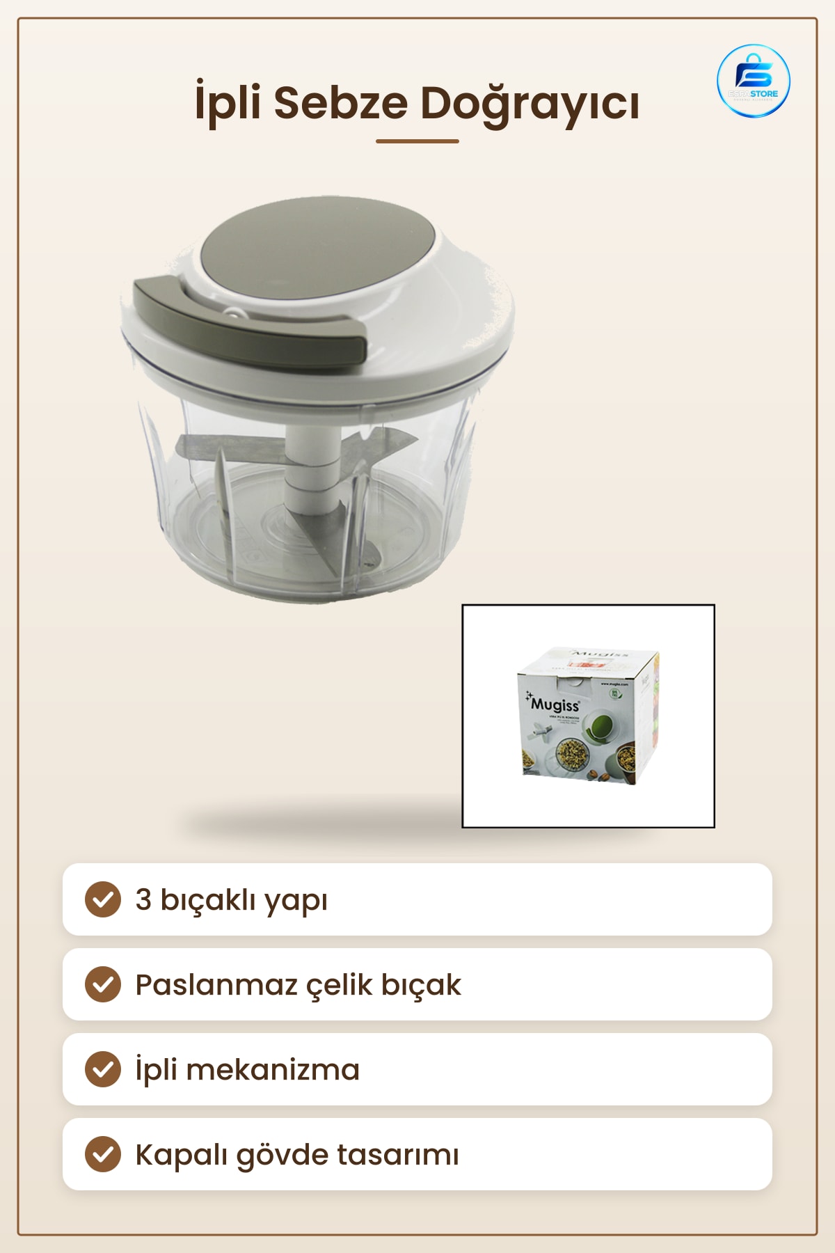 İpli Sebze Doğrayıcı El Rondosu 3 Bıçaklı Paslanmaz Çelik Mutfak Meyve Salata Hazırlama Aleti