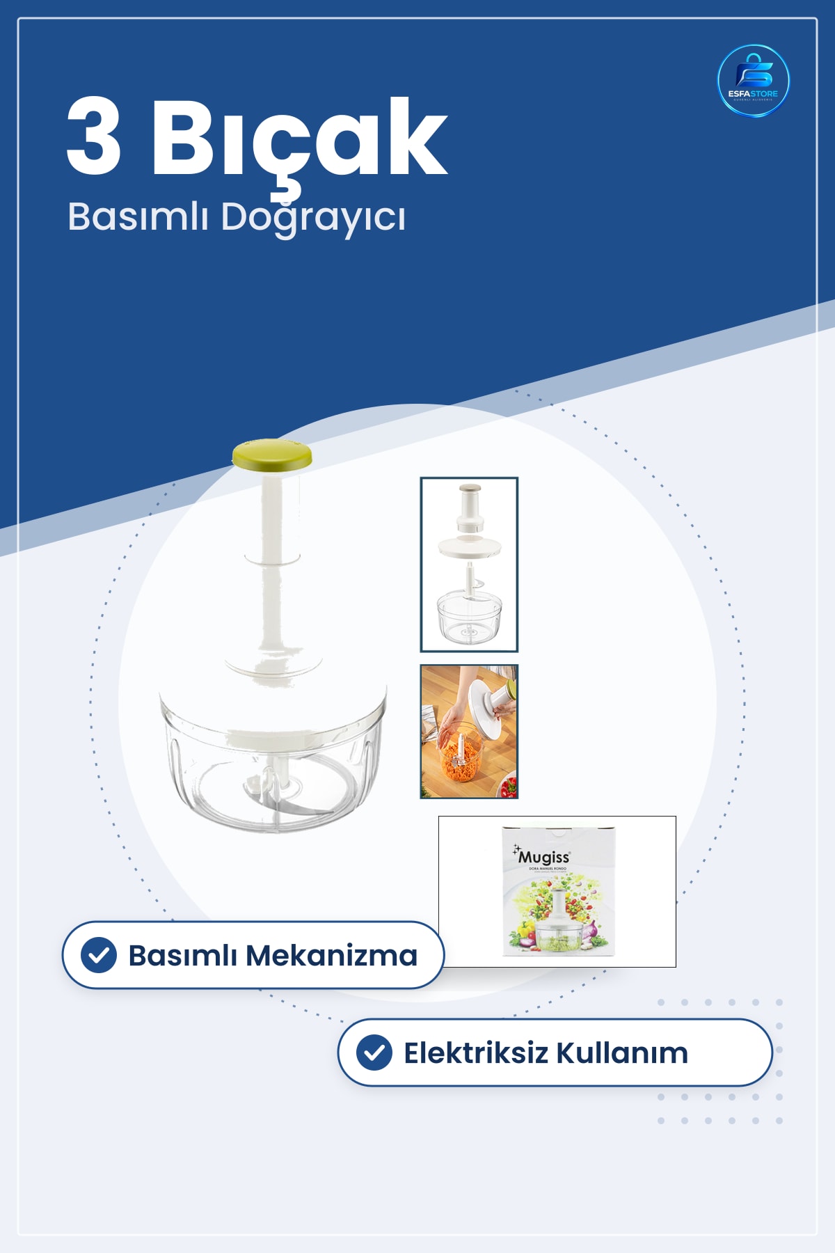 El Rondosu Doğrayıcı 3 Bıçaklı Manuel Basmalı Mutfak Sebze Soğan Meyve Doğrama Kıyıcı