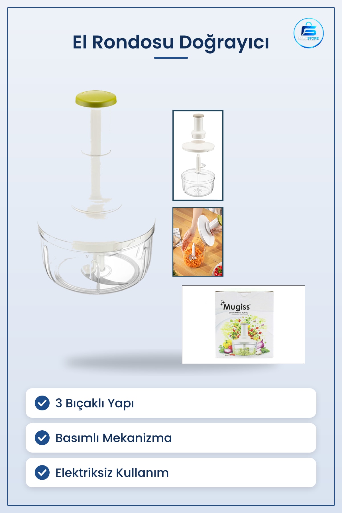 El Rondosu Doğrayıcı 3 Bıçaklı Manuel Basmalı Mutfak Sebze Soğan Meyve Doğrama Kıyıcı