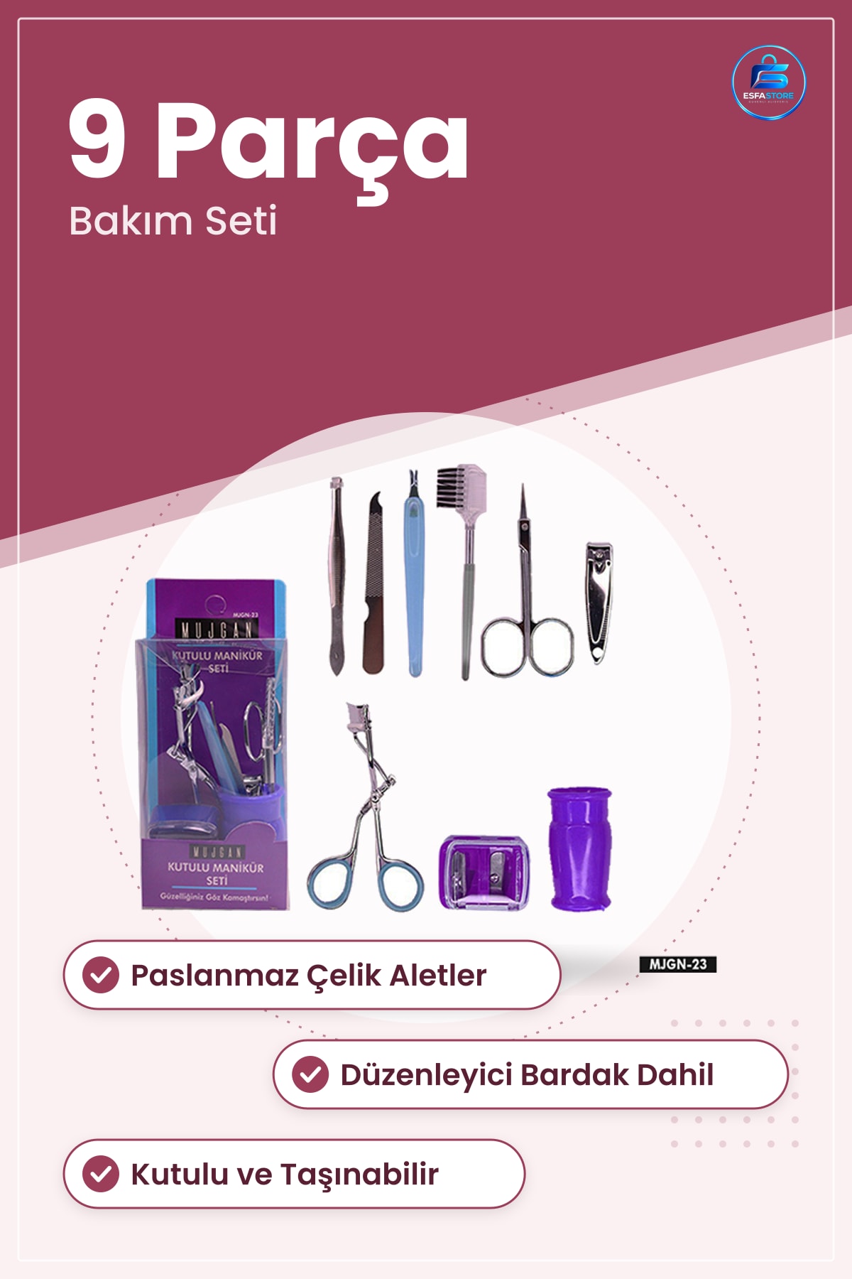 Manikür ve Pedikür Seti 9 Parça Bardaklı Paslanmaz Çelik Tırnak Bakım Kutulu Taşınabilir