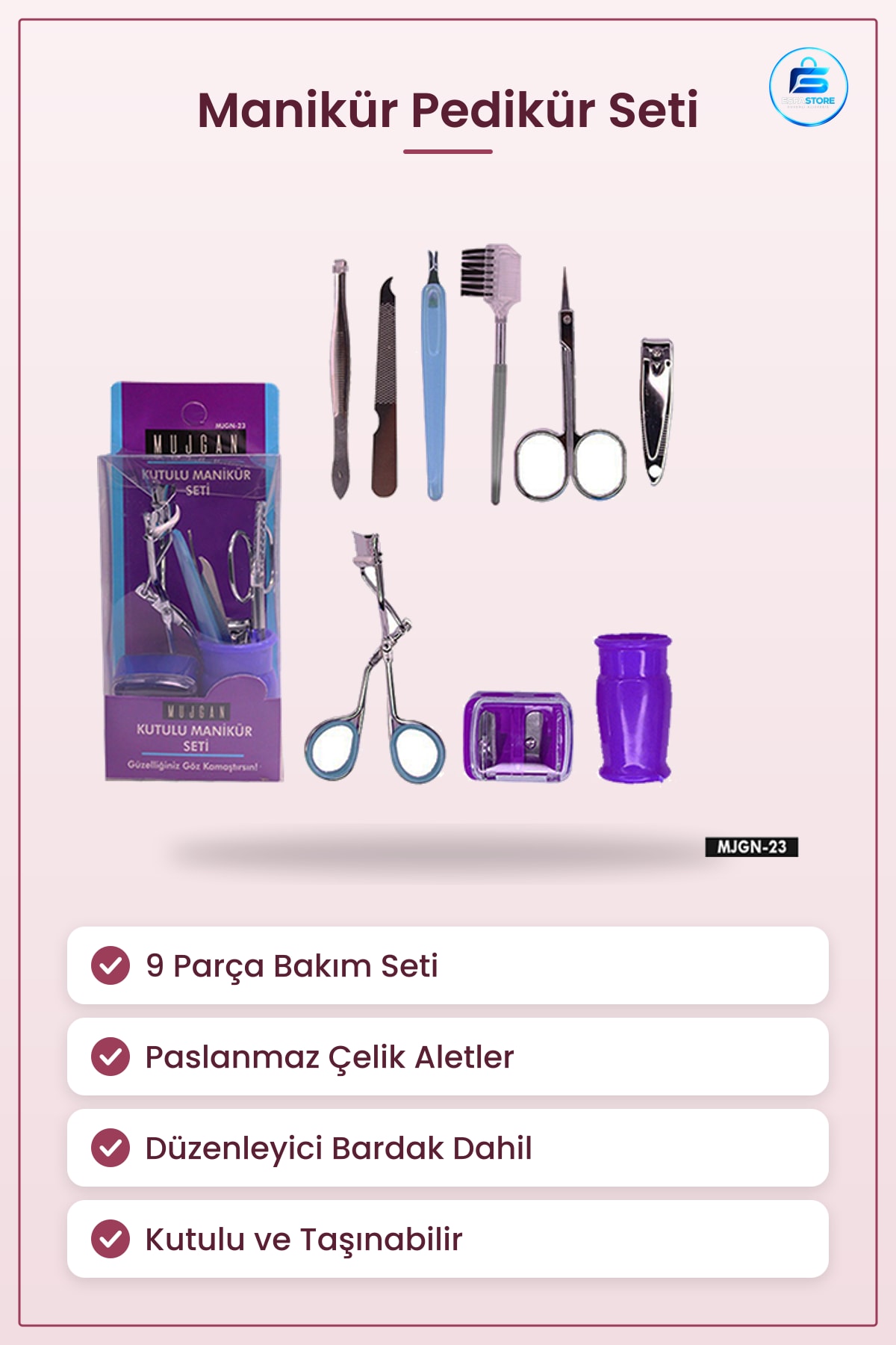 Manikür ve Pedikür Seti 9 Parça Bardaklı Paslanmaz Çelik Tırnak Bakım Kutulu Taşınabilir