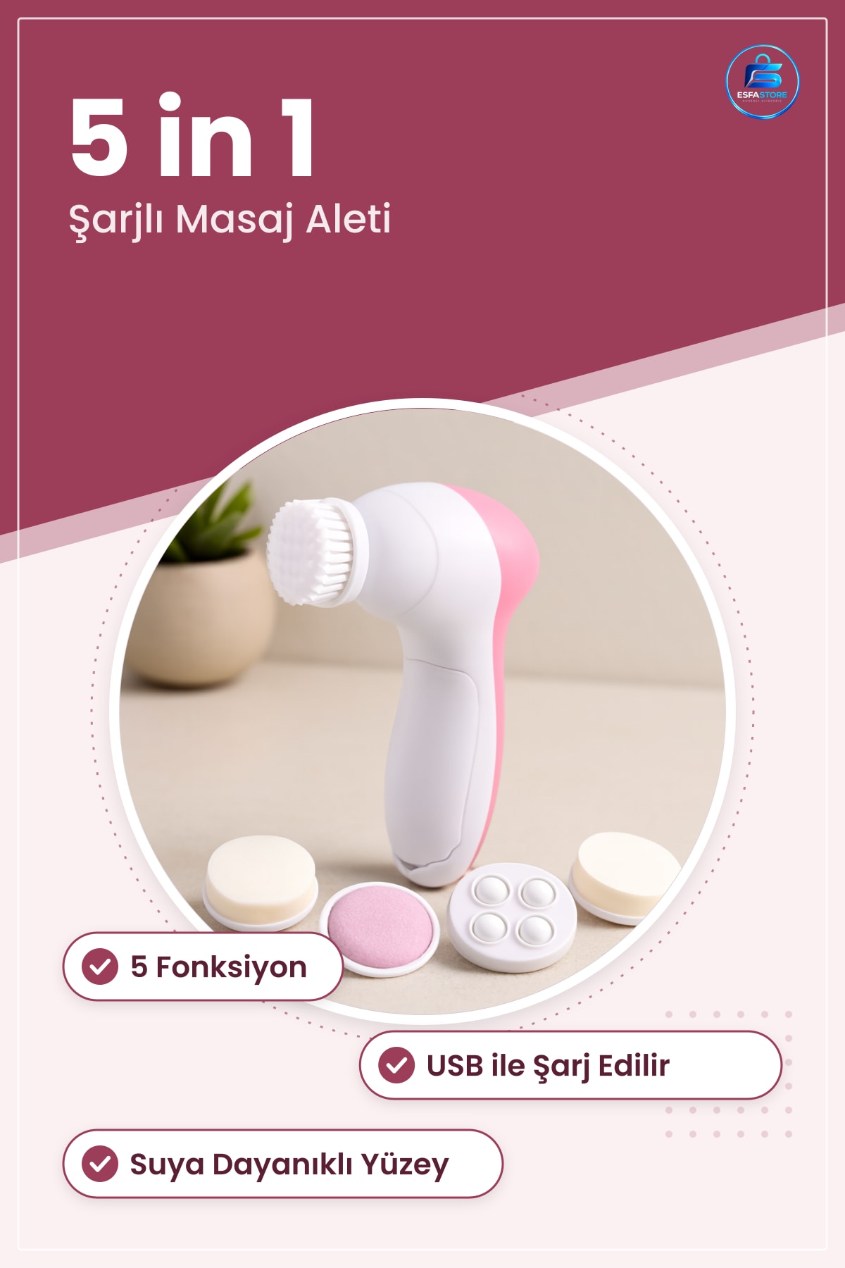 5 in 1 Şarjlı Yüz Masaj Aleti Peeling Cilt Temizleme Titreşim Kas Gevşetme Su Geçirmez Kablosuz Ev