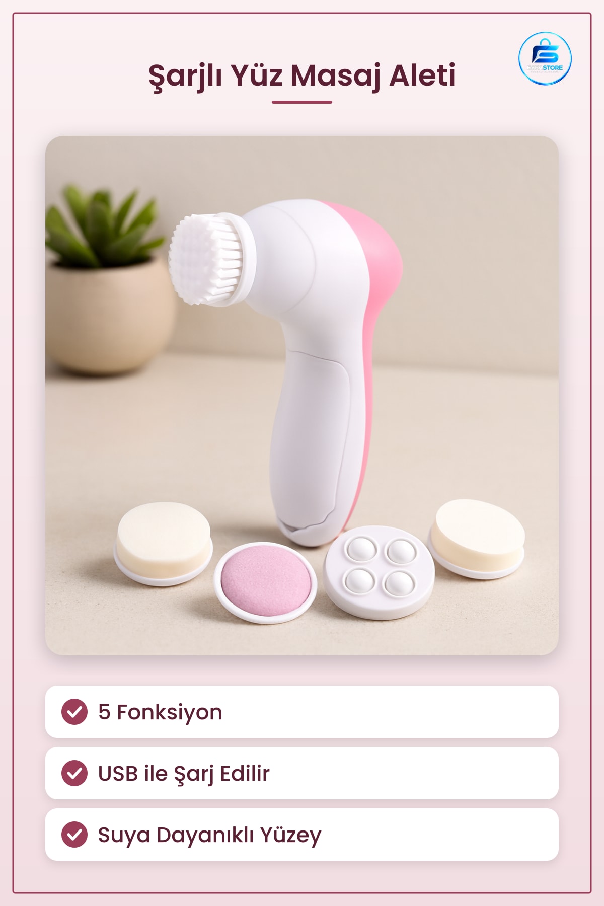 5 in 1 Şarjlı Yüz Masaj Aleti Peeling Cilt Temizleme Titreşim Kas Gevşetme Su Geçirmez Kablosuz Ev