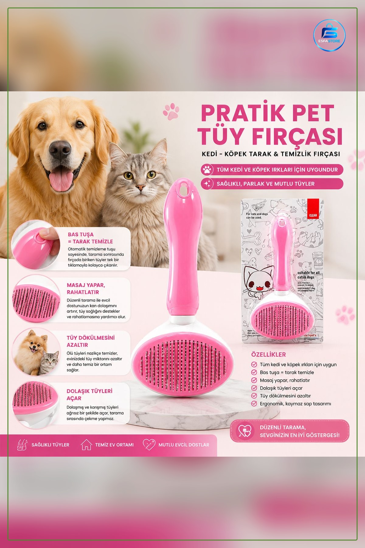 Kedi Köpek Tüy Fırçası Self Cleaning Paslanmaz Çelik Uçlu Kendi Temizleyen Evcil Hayvan Tarağı