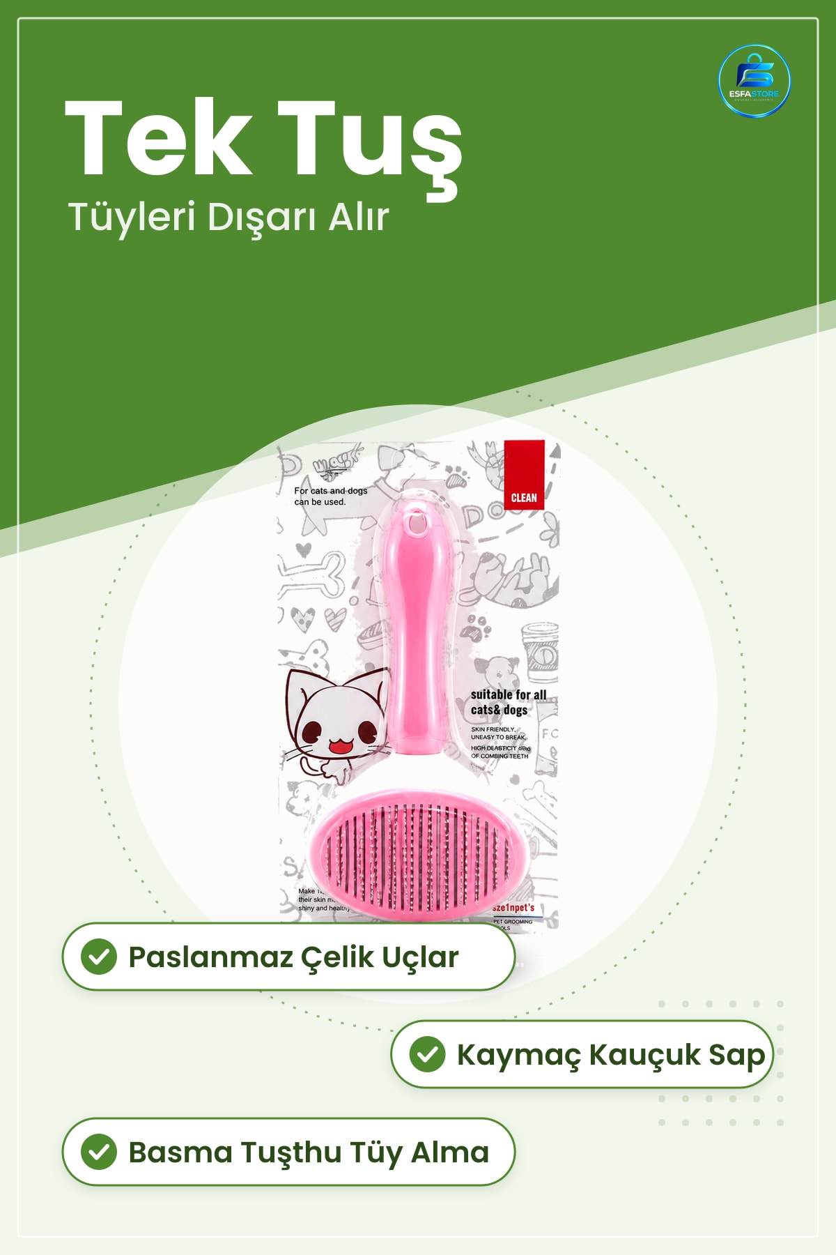 Kedi Köpek Tüy Fırçası Self Cleaning Paslanmaz Çelik Uçlu Kendi Temizleyen Evcil Hayvan Tarağı