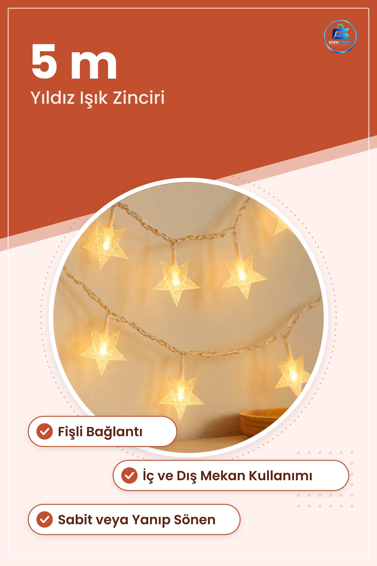 LED Yıldız Işık Zinciri 5 m Fişli Yılbaşı Süsü Yıldızlı Dekoratif Ev Dekorasyonu Aydınlatma