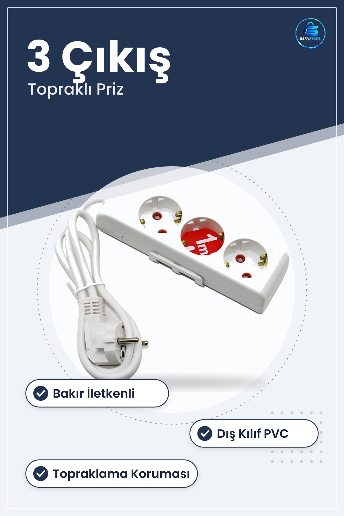 Topraklı Grup Priz Uzatma Kablosu 3 Çıkışlı Bakır İletkenli Ev Ofis Atölye Kullanımı