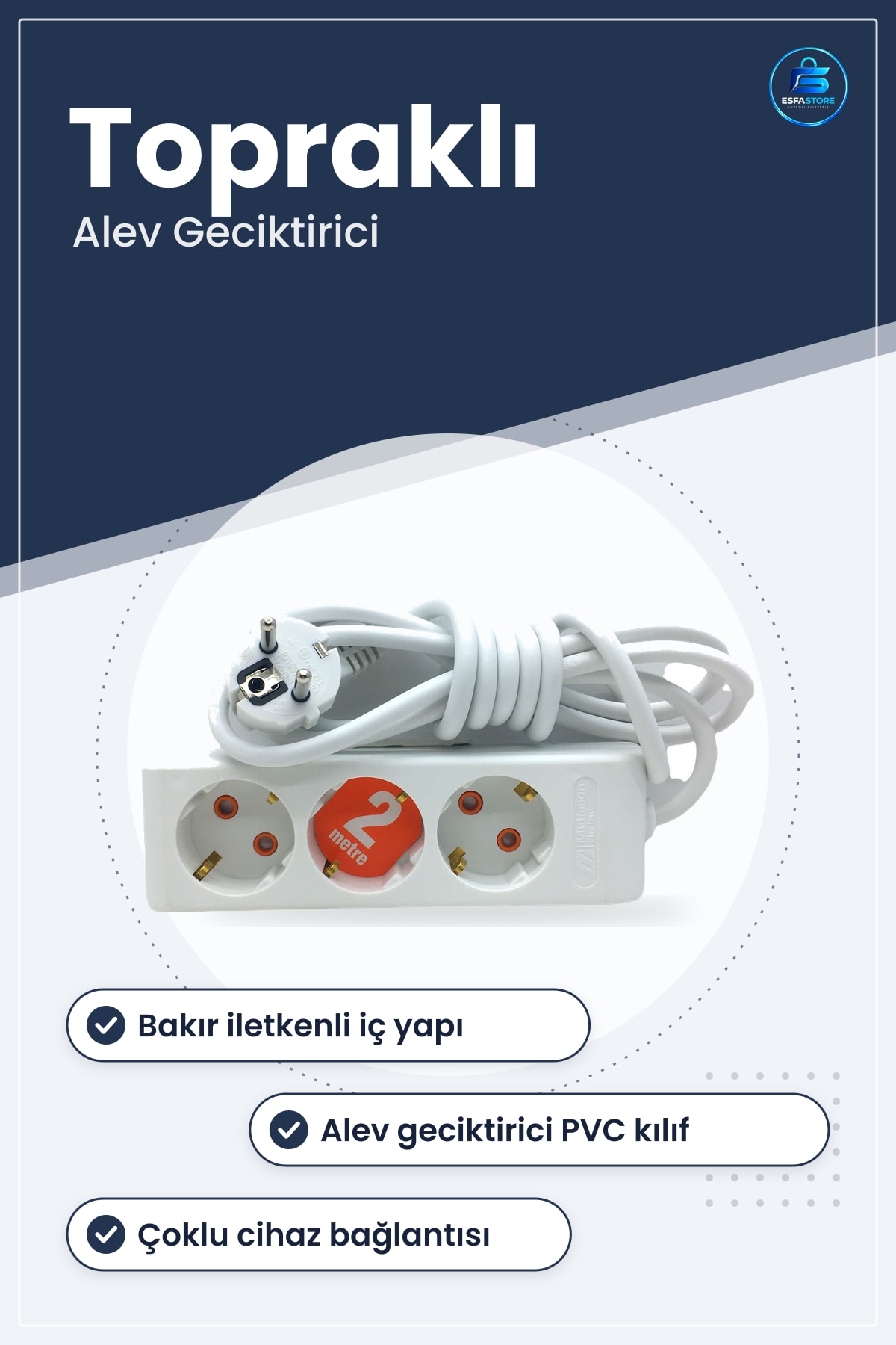Toprağlı Grup Priz Uzatma Kablosu Bakır İletkenli Alev Geciktirici PVC Kılıf Ev Ofis Atölye