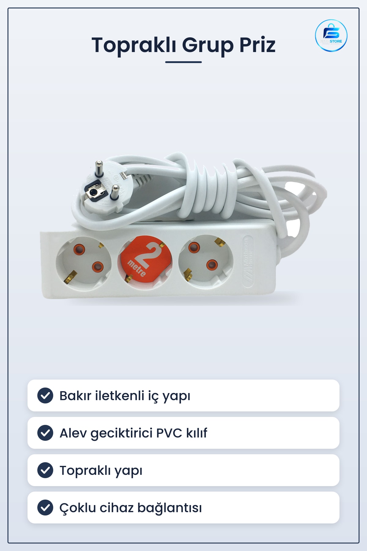 Toprağlı Grup Priz Uzatma Kablosu Bakır İletkenli Alev Geciktirici PVC Kılıf Ev Ofis Atölye
