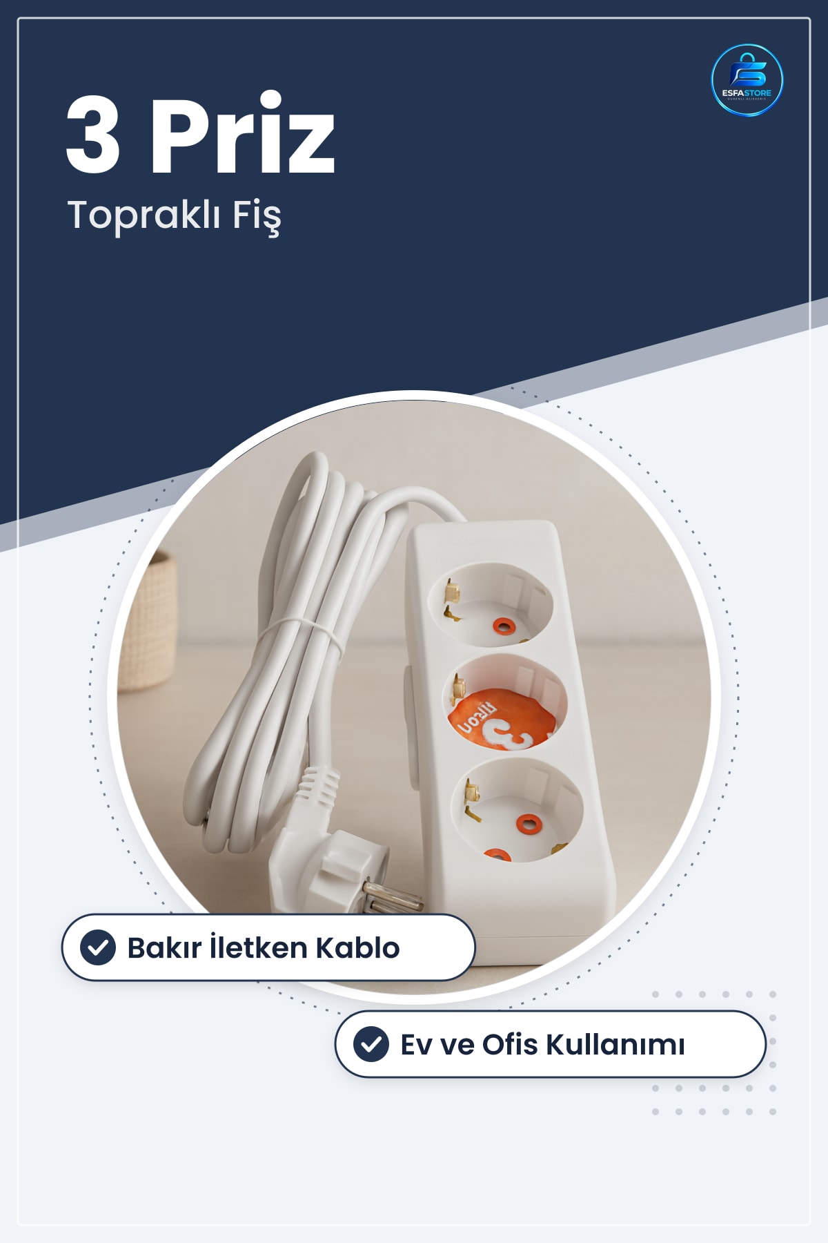 Grup Priz Uzatma Kablosu Topraklı 3 Prizli Ev Ofis Kullanımı İçin Güvenli Topraklama