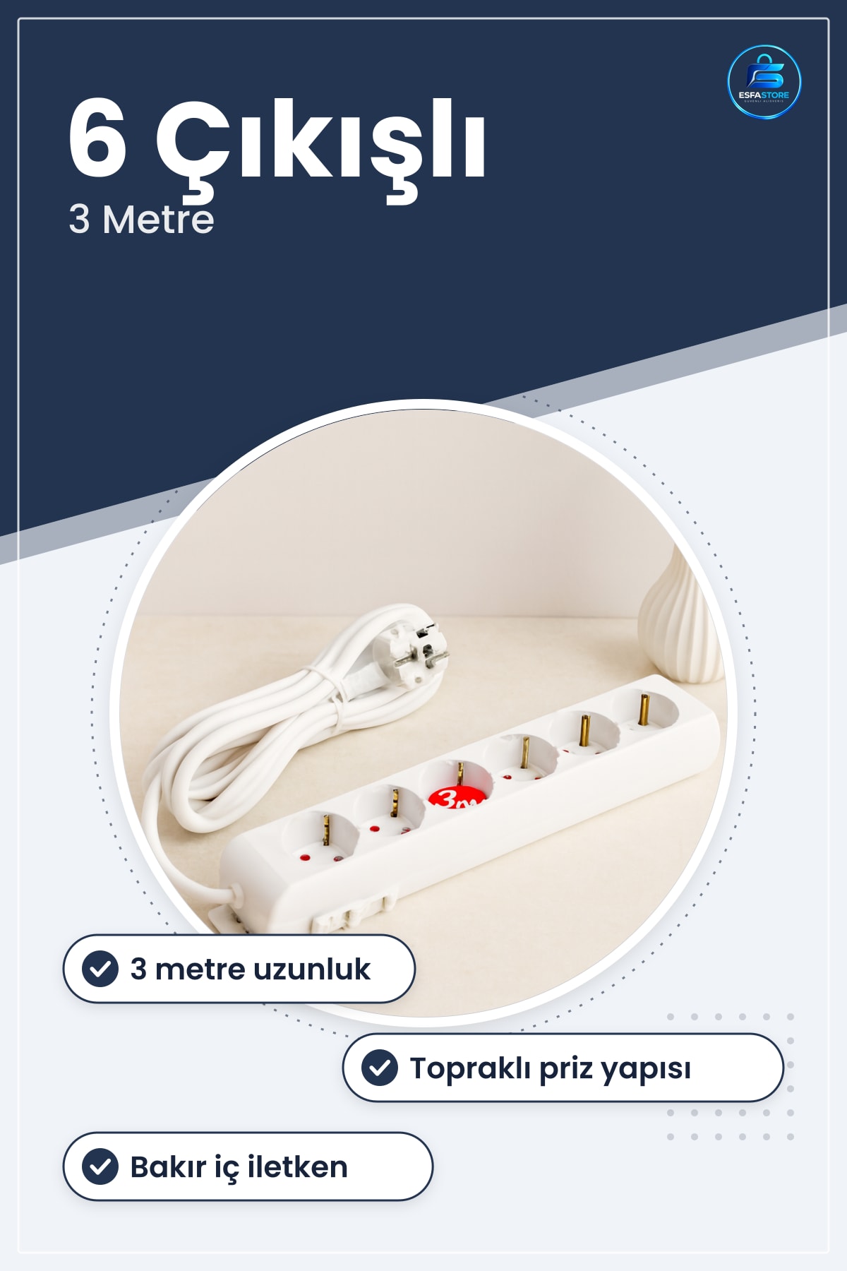Grup Priz Uzatma Kablosu 3 m Topraklı 6 Çıkışlı PVC Kılıflı Ev Ofis Kullanımı Bakır İletkenli