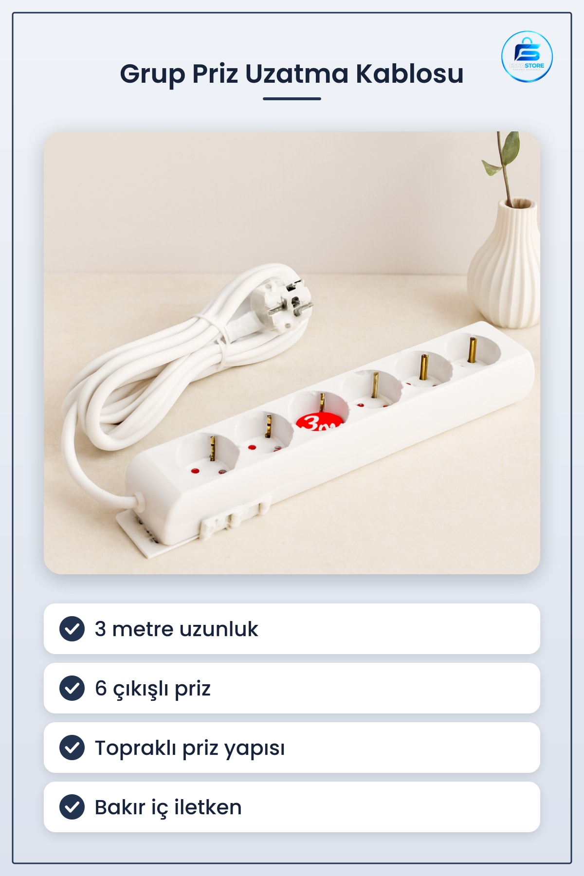 Grup Priz Uzatma Kablosu 3 m Topraklı 6 Çıkışlı PVC Kılıflı Ev Ofis Kullanımı Bakır İletkenli