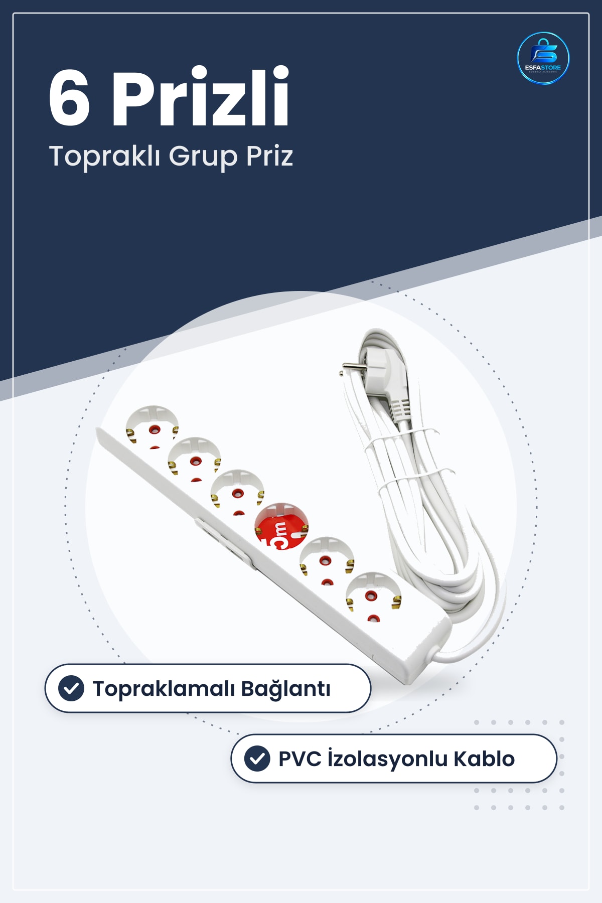 Toprağlı Grup Priz Uzatma Kablosu 6 Prizli PVC İzolasyonlu Bakır İletkenli Ev Ofis Atölye Beyaz