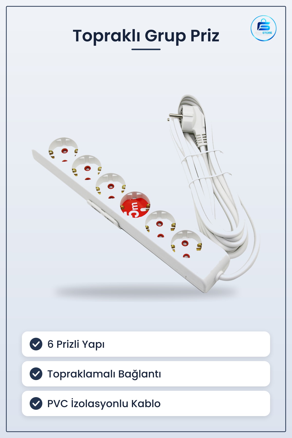 Toprağlı Grup Priz Uzatma Kablosu 6 Prizli PVC İzolasyonlu Bakır İletkenli Ev Ofis Atölye Beyaz