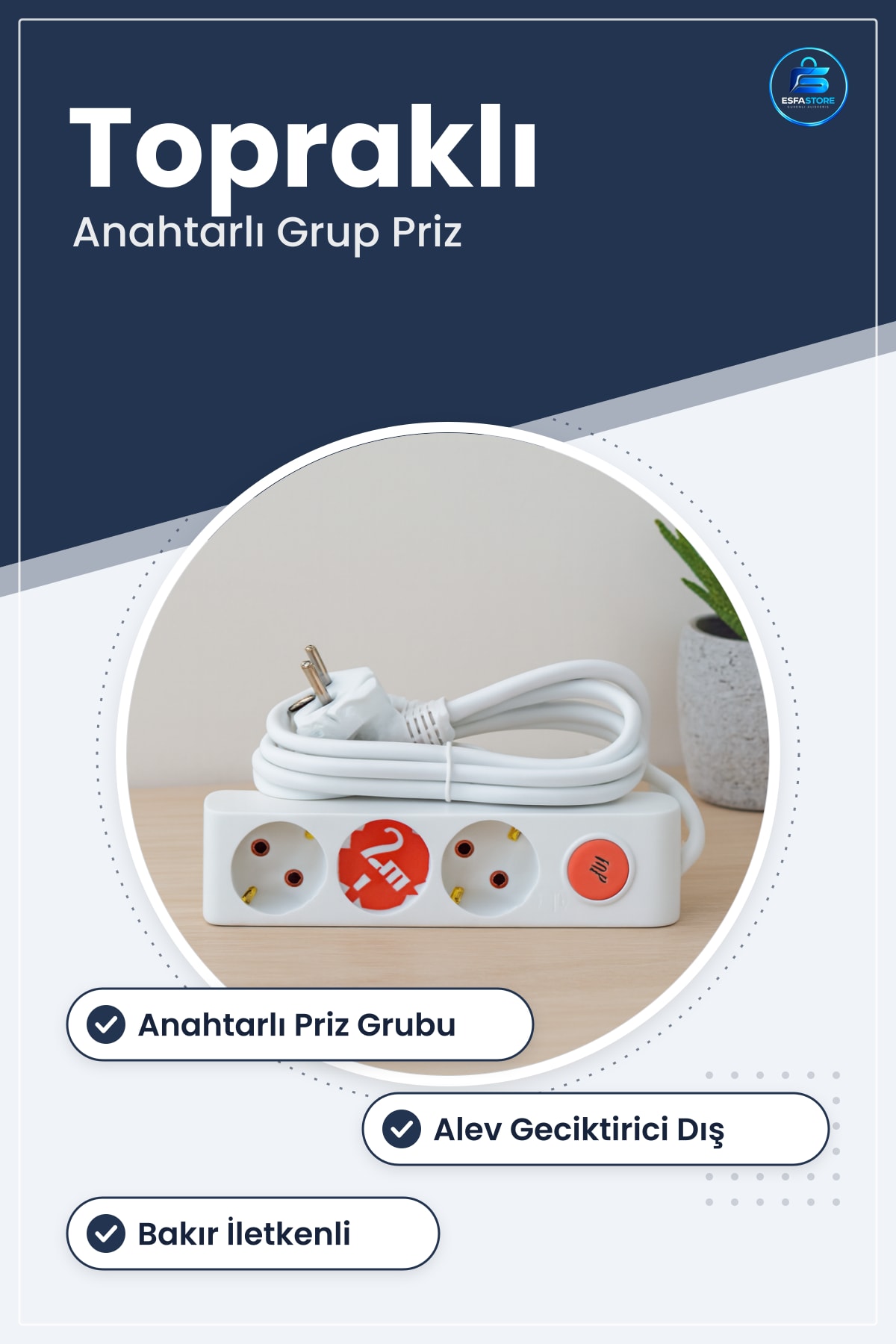 Grup Priz Uzatma Kablosu Anahtarlı Topraklı Beyaz Alev Geciktirici Bakır İletkenli Ev Ofis