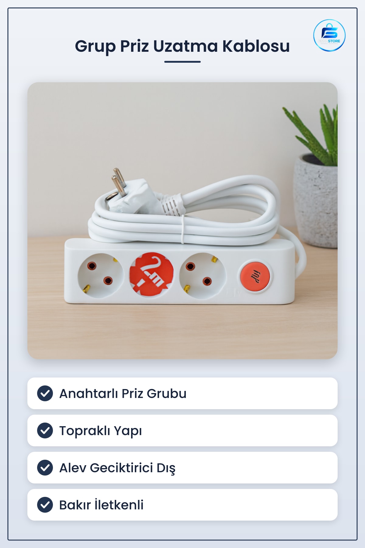 Grup Priz Uzatma Kablosu Anahtarlı Topraklı Beyaz Alev Geciktirici Bakır İletkenli Ev Ofis