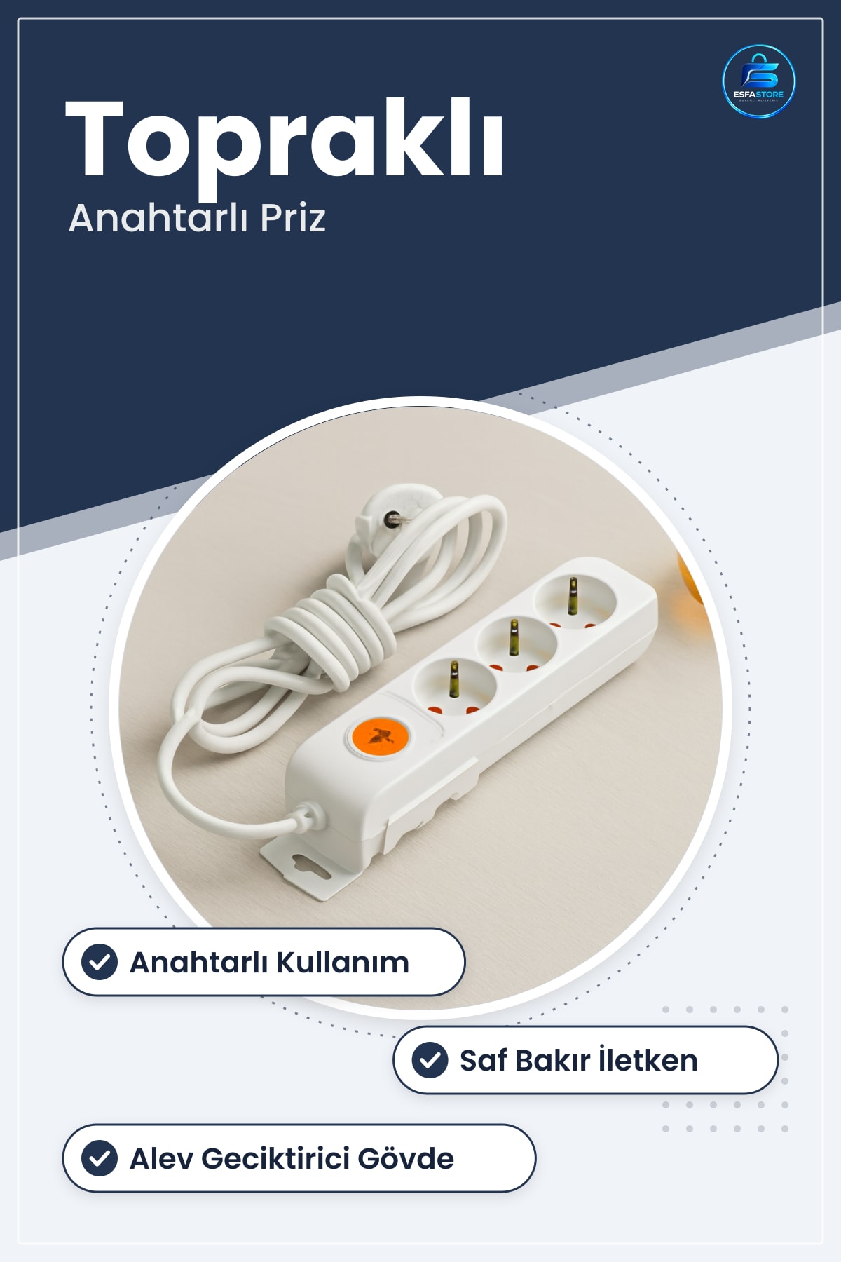 Grup Priz Uzatma Kablosu Anahtarlı Topraklı Bakır İletkenli PVC Ev Ofis Güvenli Kullanım