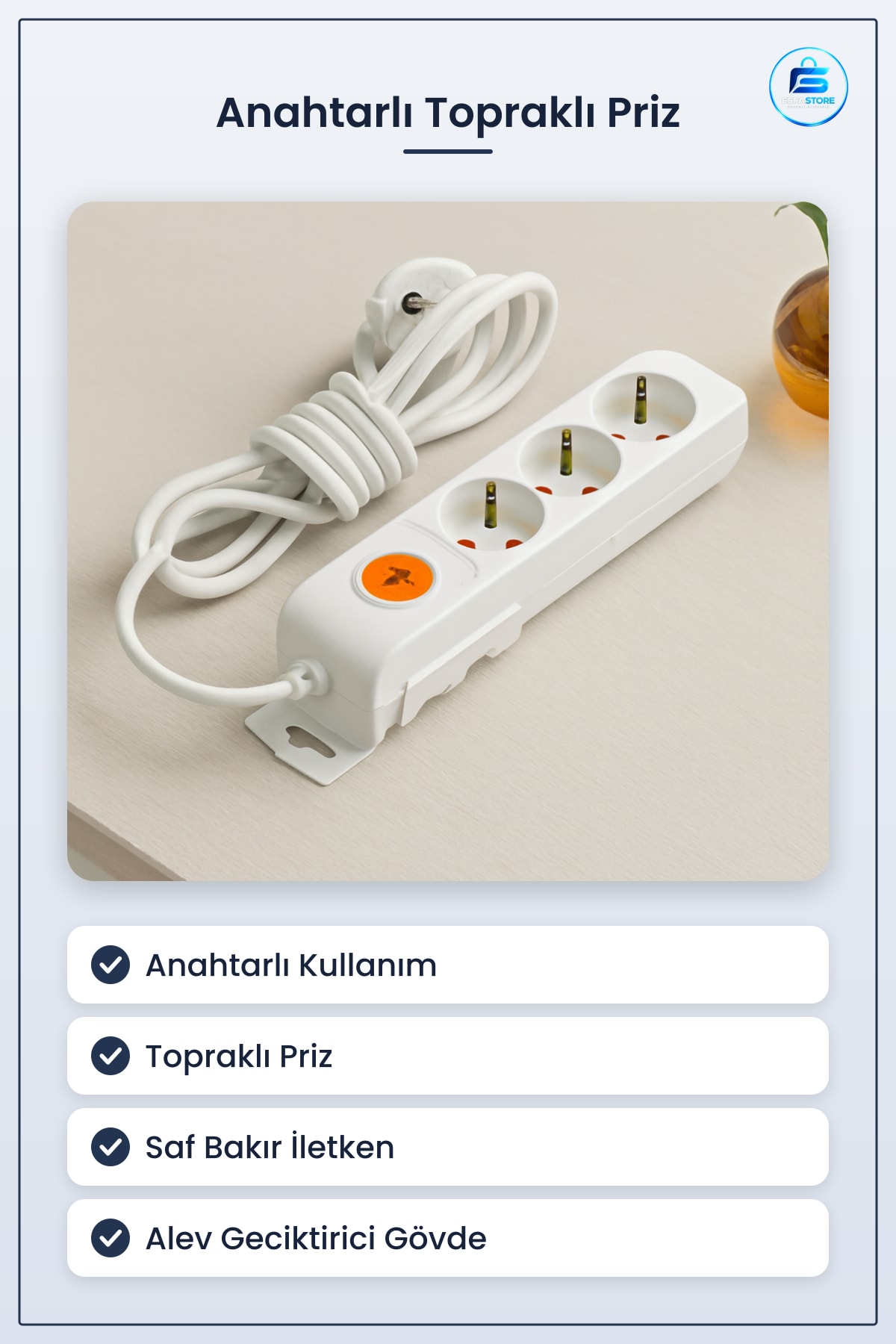 Grup Priz Uzatma Kablosu Anahtarlı Topraklı Bakır İletkenli PVC Ev Ofis Güvenli Kullanım