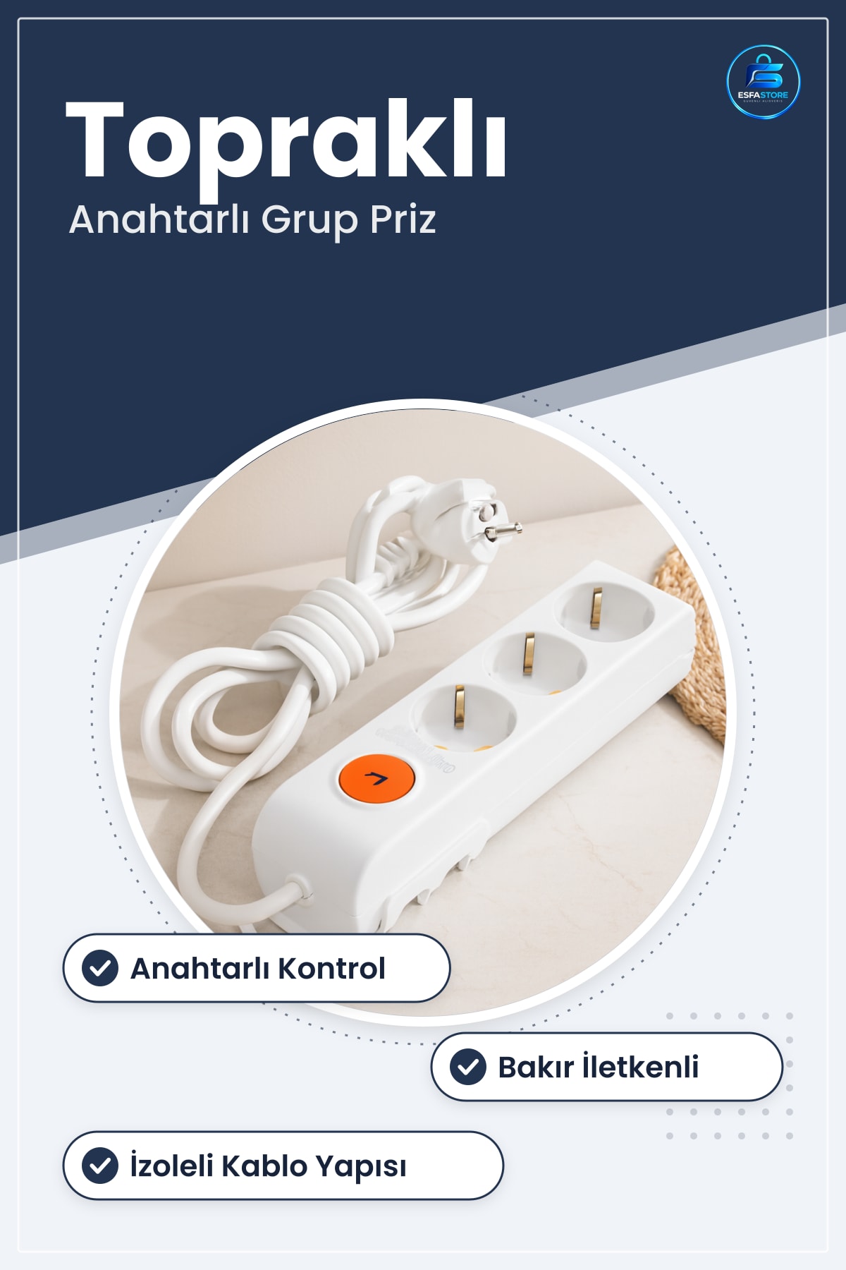 Anahtarlı Topraklı Uzatma Kablosu Grup Priz Bakır İletkenli Ev Ofis Elektrik Tesisat Malzemesi