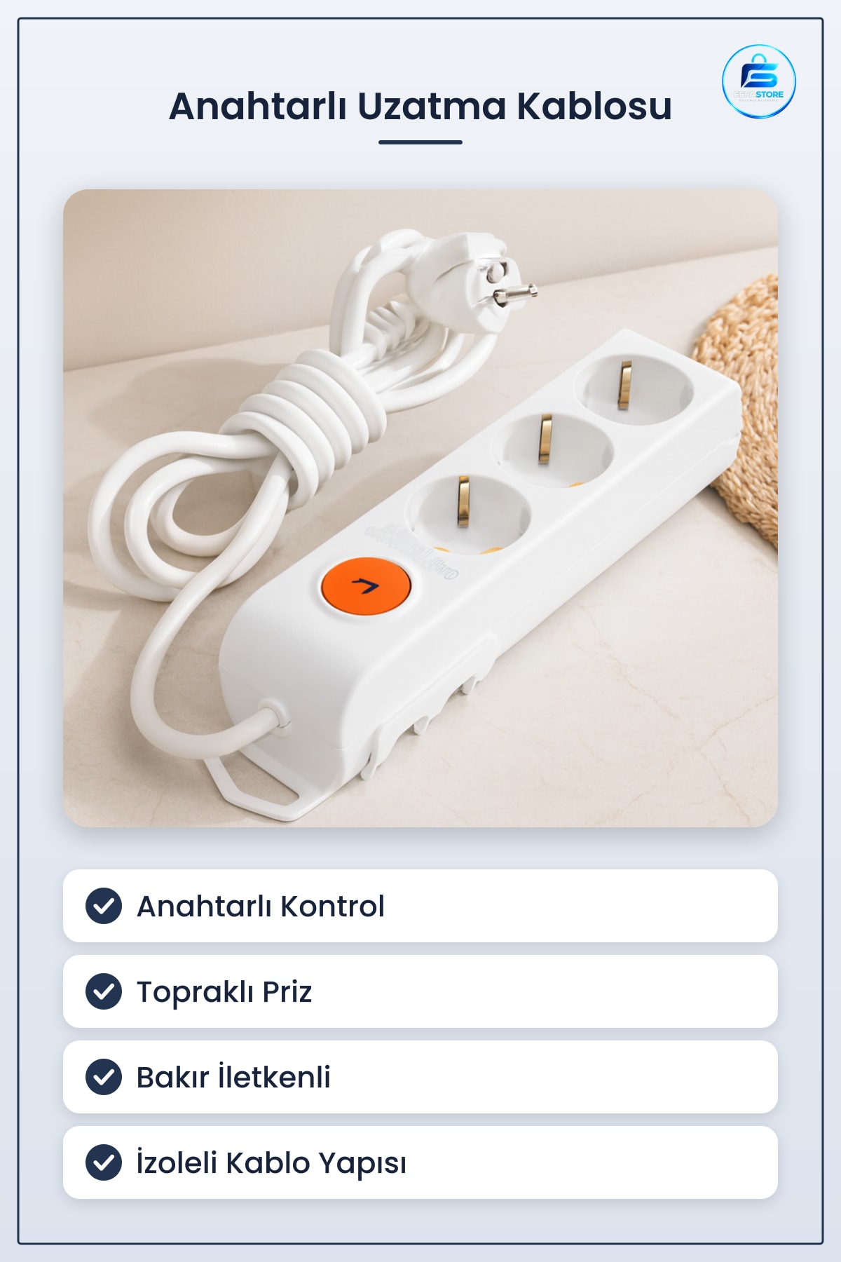 Anahtarlı Topraklı Uzatma Kablosu Grup Priz Bakır İletkenli Ev Ofis Elektrik Tesisat Malzemesi