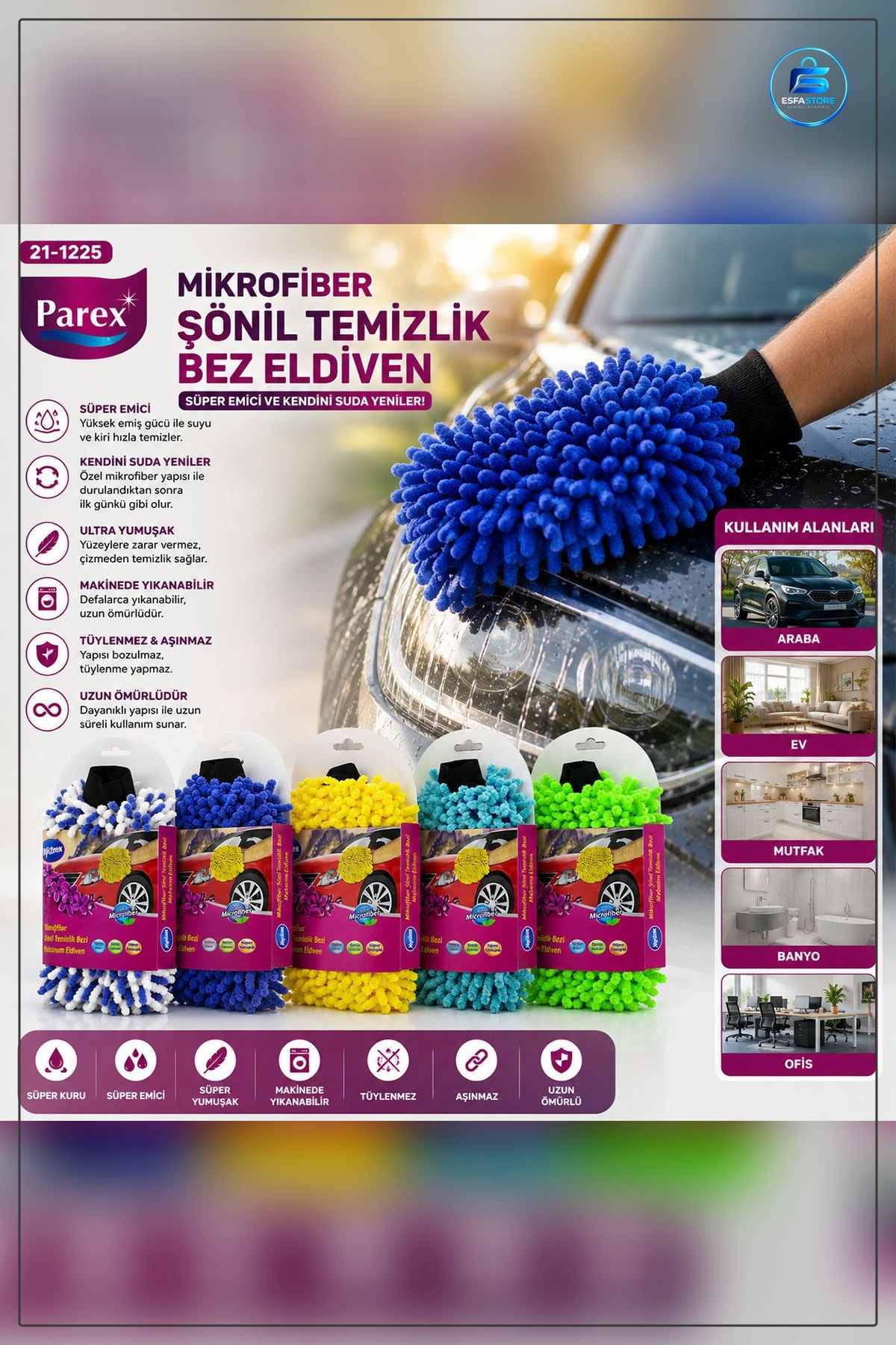 Mikrofiber Şönil Oto Yıkama Bez ve Sünger Eldiveni Çizik Yapmayan Araç Temizlik Yüksek Emicilik