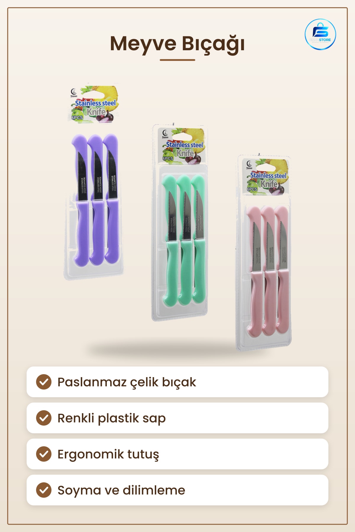 Paslanmaz Çelik Meyve Bıçağı Renkli Saplı Mutfak Soyma Dilimleme Bıçak Keskin Ev Kullanımı