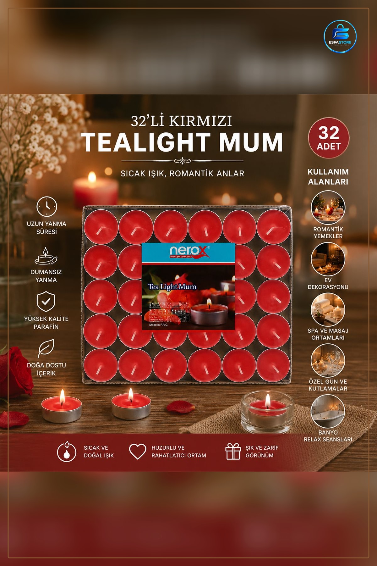 Yuvarlak Tealight Mum 32'li Parafin Pamuk Fitilli Ev Dekorasyon Ambiyans Kafe Kandil Aromaterapi