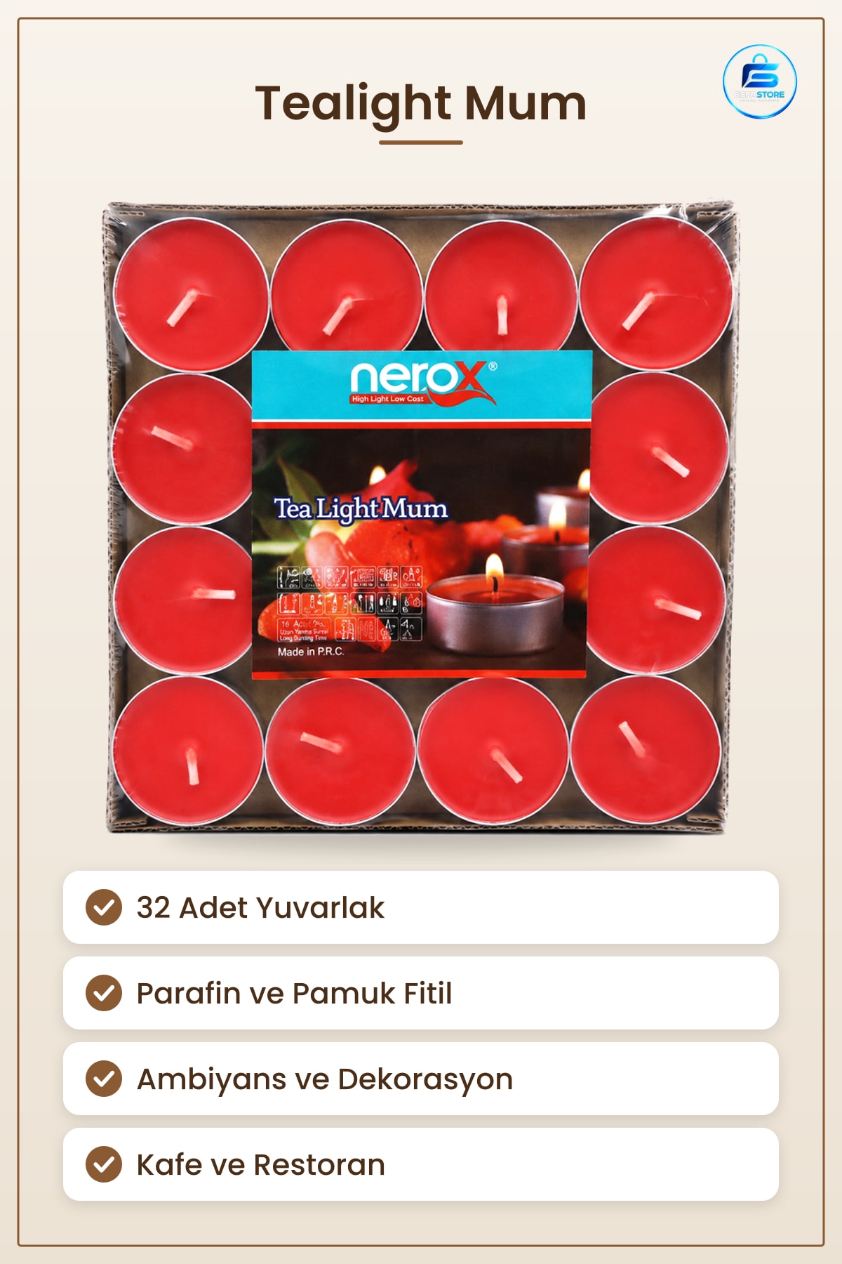 Yuvarlak Tealight Mum 32'li Parafin Pamuk Fitilli Ev Dekorasyon Ambiyans Kafe Kandil Aromaterapi
