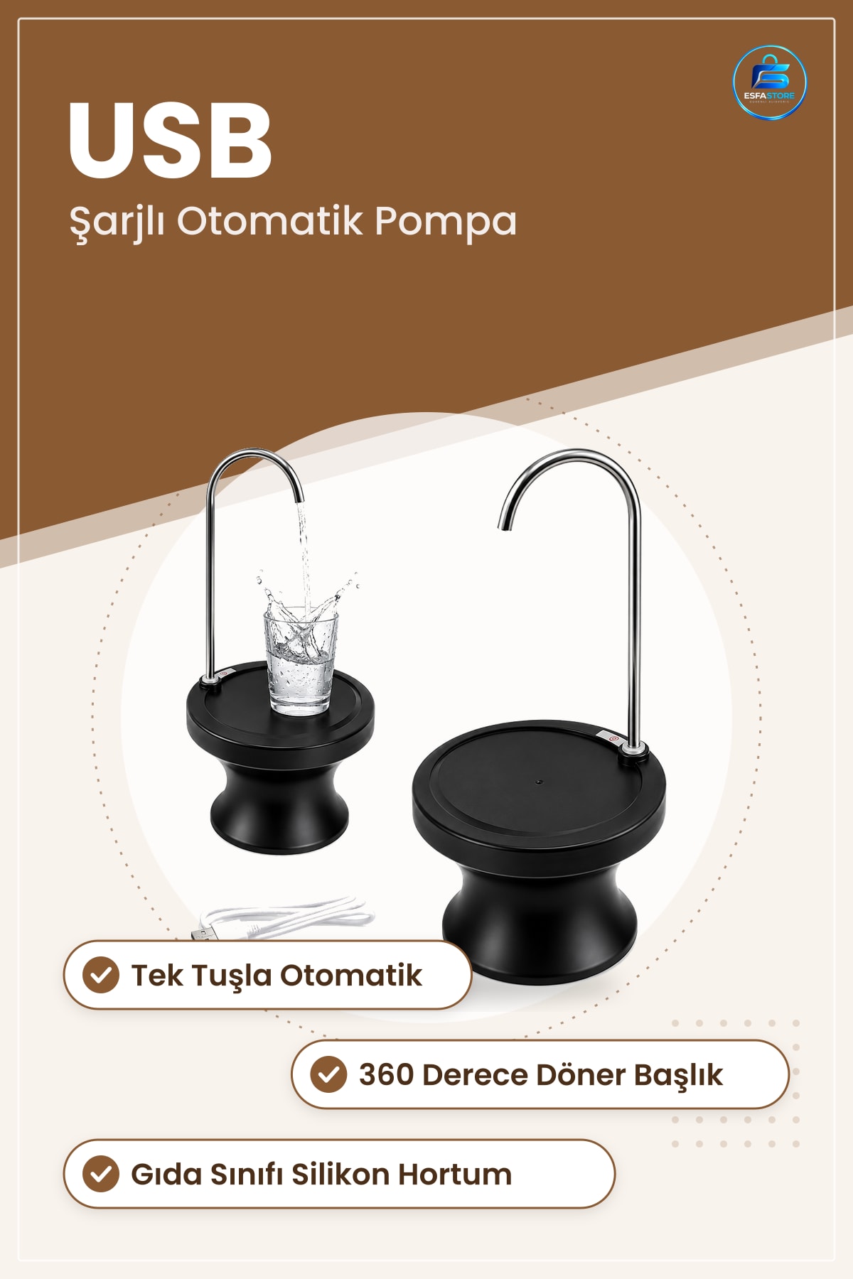 Damacana Pompası USB Şarjlı Otomatik ° Döner Başlıklı Standlı Elektrikli Ev ve Ofis Kullanımı