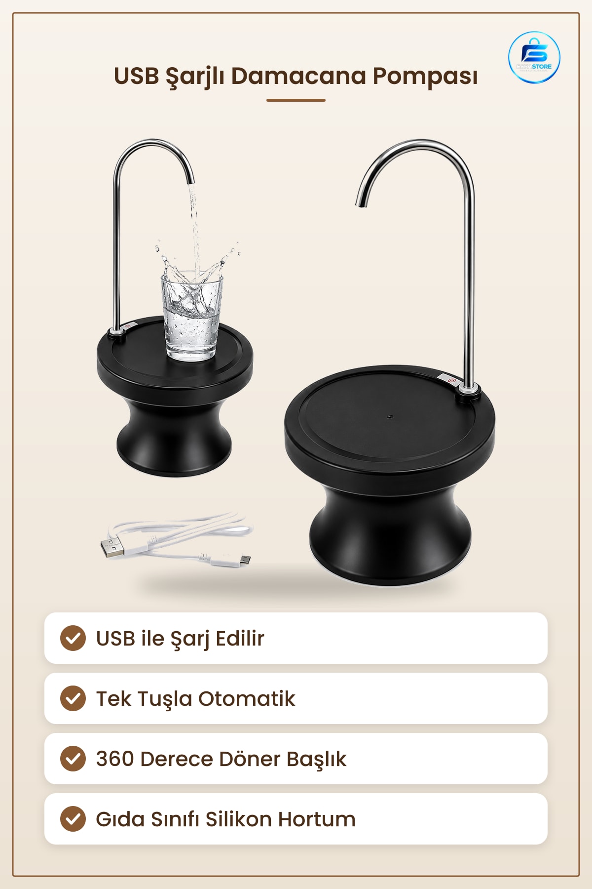 Damacana Pompası USB Şarjlı Otomatik ° Döner Başlıklı Standlı Elektrikli Ev ve Ofis Kullanımı