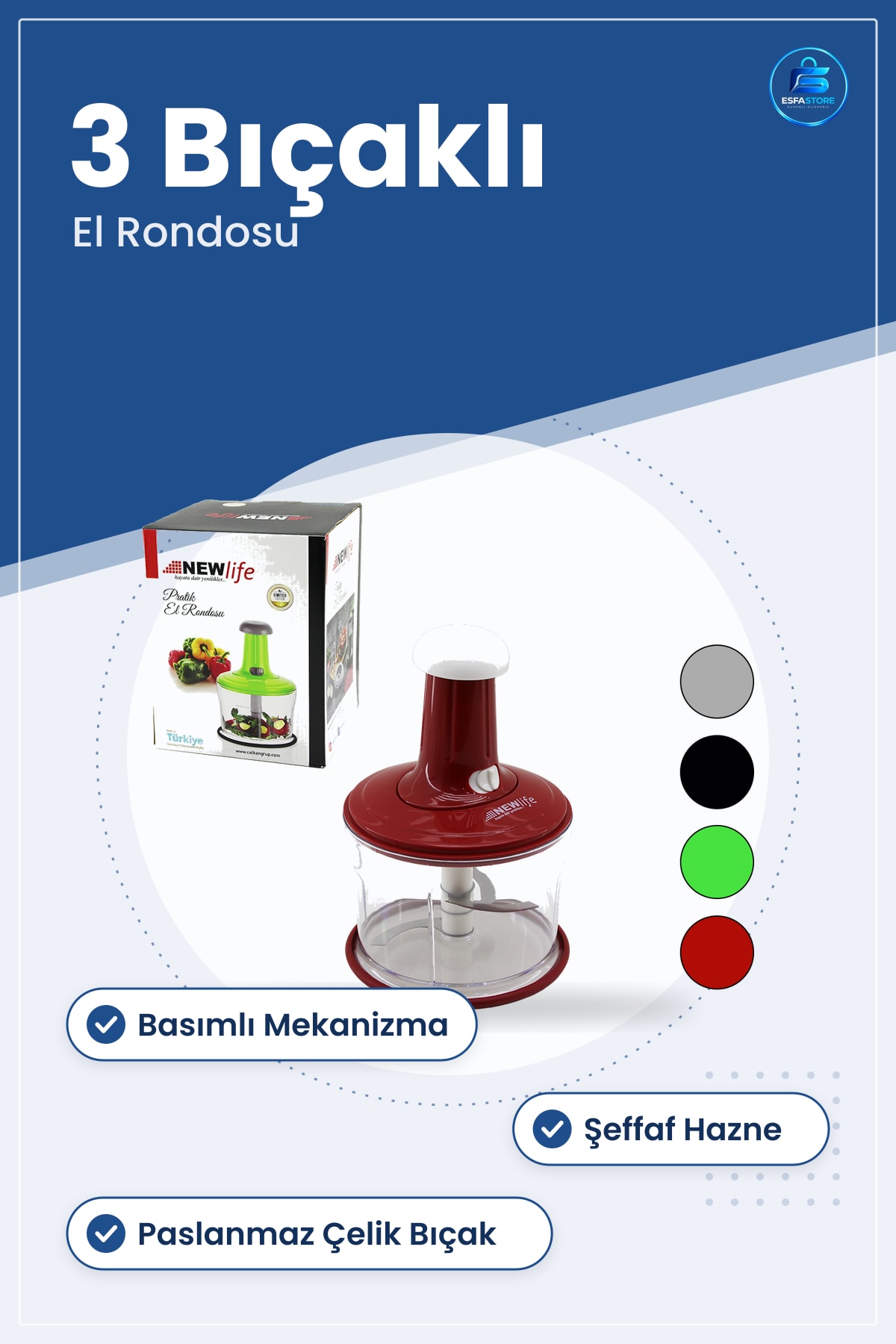 El Rondosu Doğrayıcı Pratik 3 Bıçaklı Paslanmaz Çelik Şeffaf Hazneli Basmalı Mutfak Sebze Meyve
