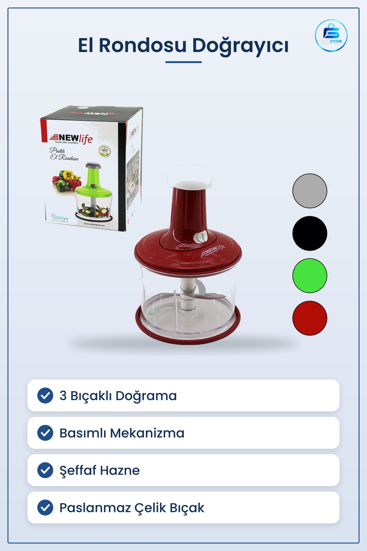 El Rondosu Doğrayıcı Pratik 3 Bıçaklı Paslanmaz Çelik Şeffaf Hazneli Basmalı Mutfak Sebze Meyve