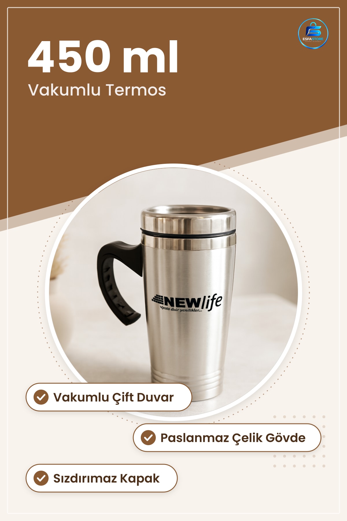 Termos Bardak 450 ml Çift Çelik Vakumlu Sıcak Soğuk İçecek Ofis Seyahat Araç İçi Spor