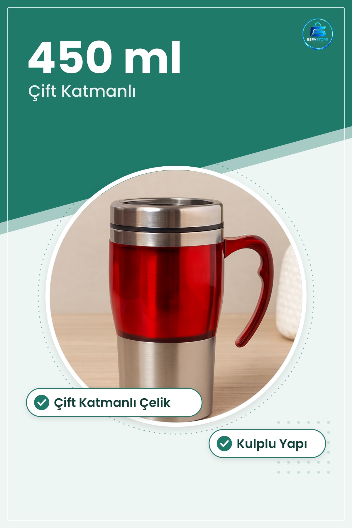 Termos Bardak 450ml Çift Katmanlı Paslanmaz Çelik Krom Kulplu Kamp Ofis Araç İçi Seyahat