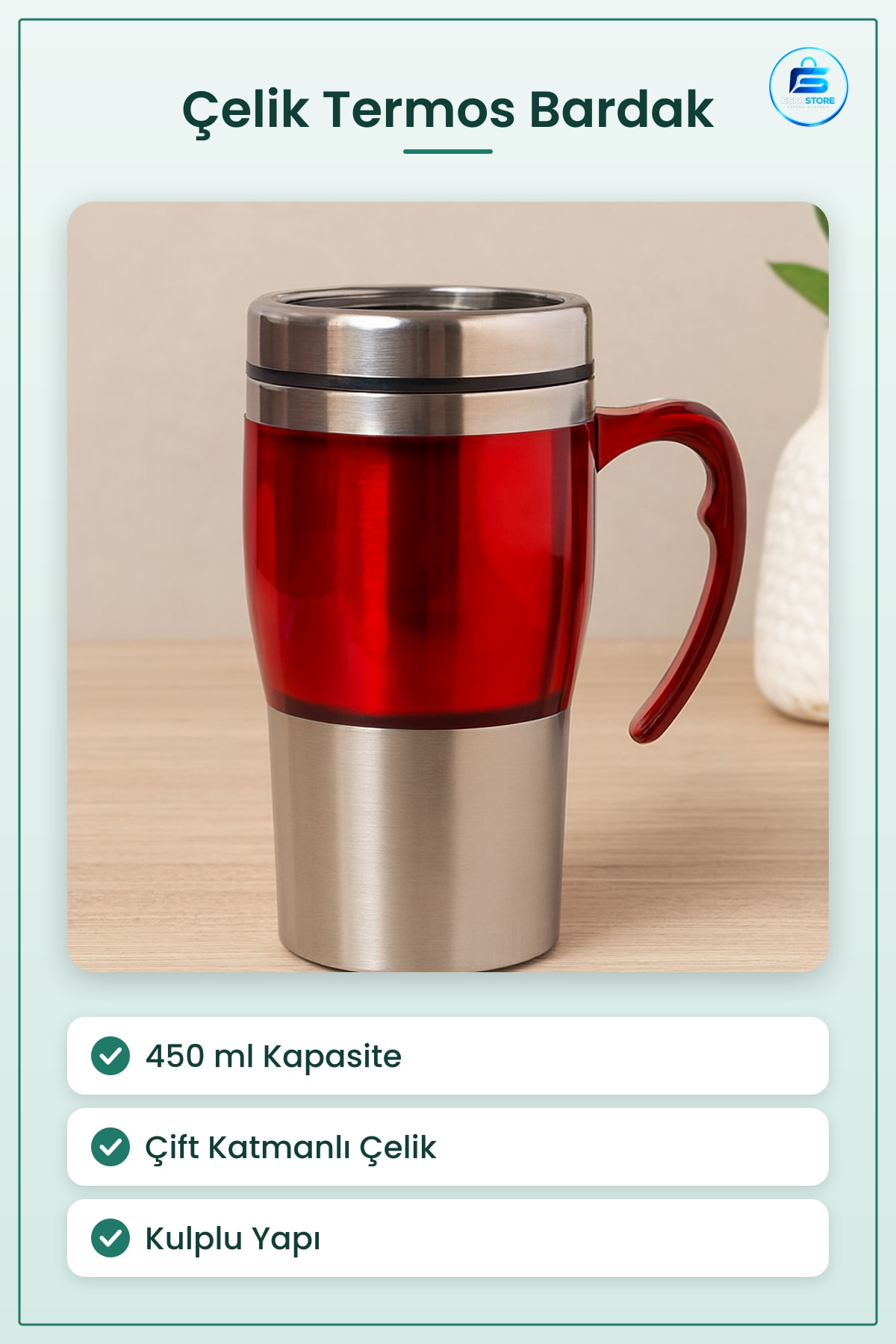 Termos Bardak 450ml Çift Katmanlı Paslanmaz Çelik Krom Kulplu Kamp Ofis Araç İçi Seyahat