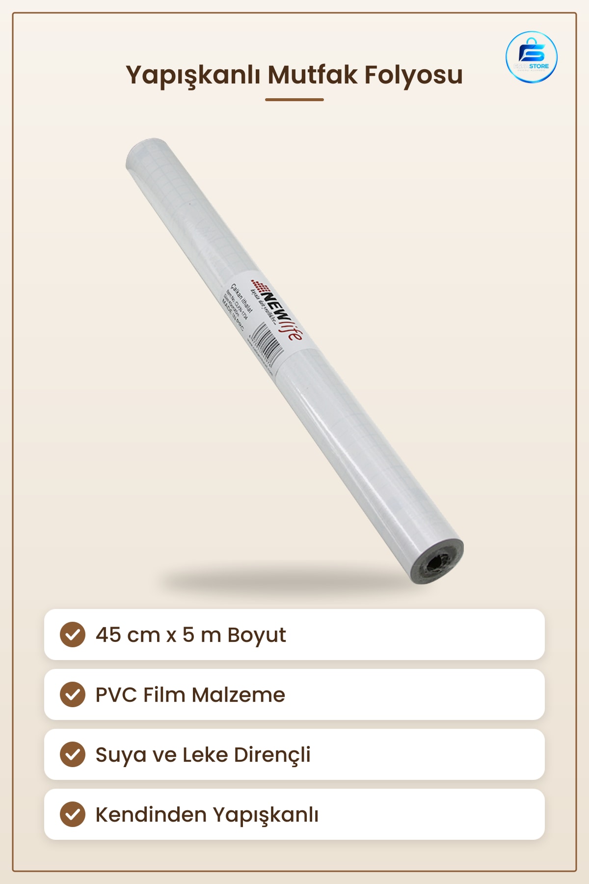 Yapışkanlı Folyo Sticker 45 cm x 5 m Tezgah Üstü Mutfak Dolap Kaplama PVC Suya ve Leke ye Dirençli