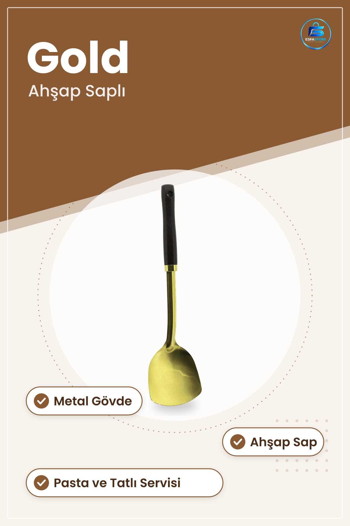 Servis Spatulası Metal Gold Kaplama Ahşap Saplı Pasta Tatlı Sıcak Soğuk Sunum Mutfak