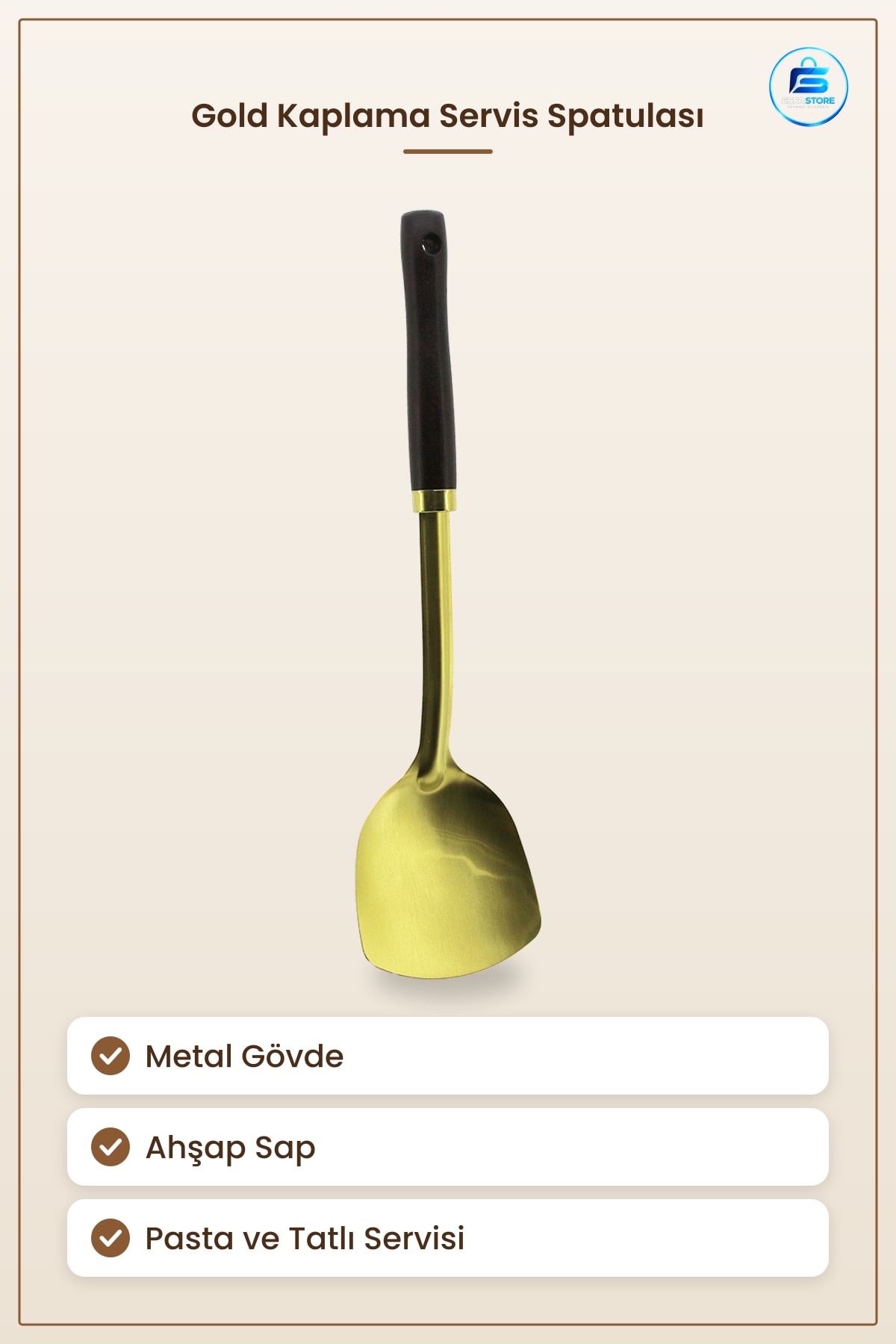 Servis Spatulası Metal Gold Kaplama Ahşap Saplı Pasta Tatlı Sıcak Soğuk Sunum Mutfak