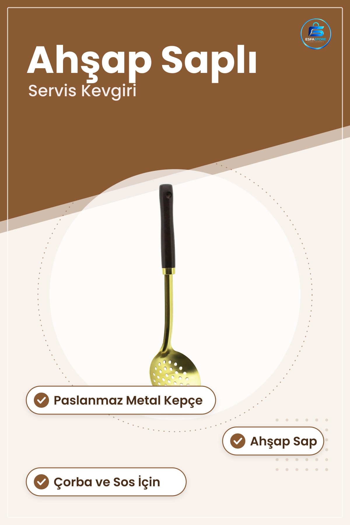 Süzgeç Servis Kevgiri Paslanmaz Metal Ahşap Saplı Dayanıklı Mutfak Sofra Çorba Sos Süzme Kaşığı