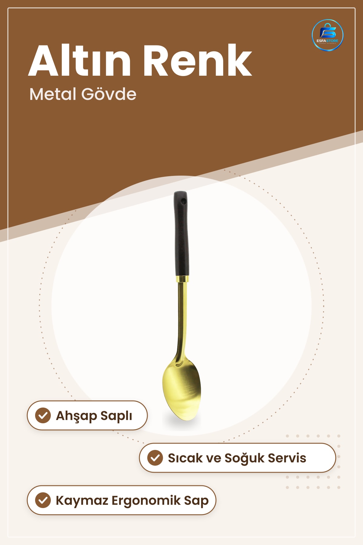 Ahşap Saplı Metal Servis Kaşığı Altın Renk Mutfak Restoran Sofra Sıcak Soğuk Yemek Sunumu