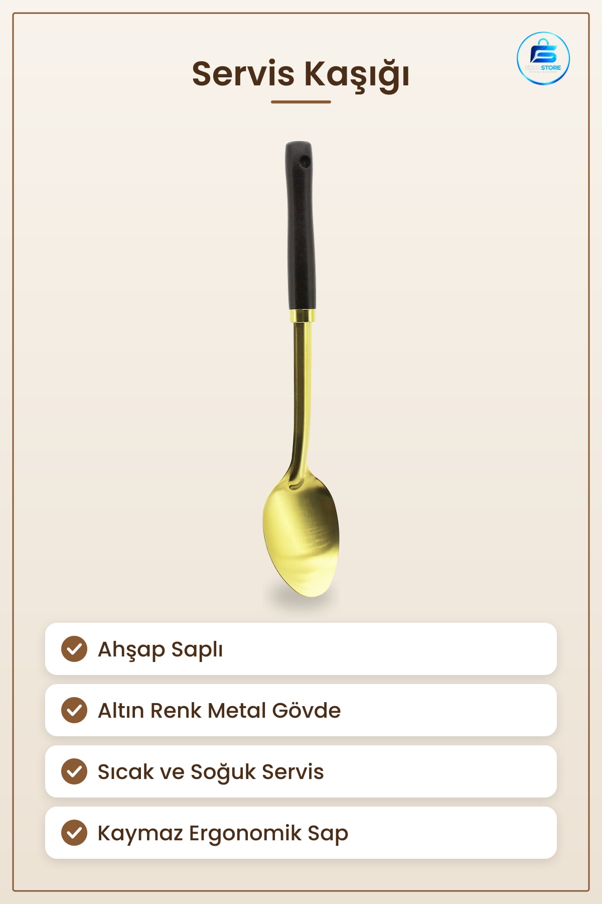 Ahşap Saplı Metal Servis Kaşığı Altın Renk Mutfak Restoran Sofra Sıcak Soğuk Yemek Sunumu