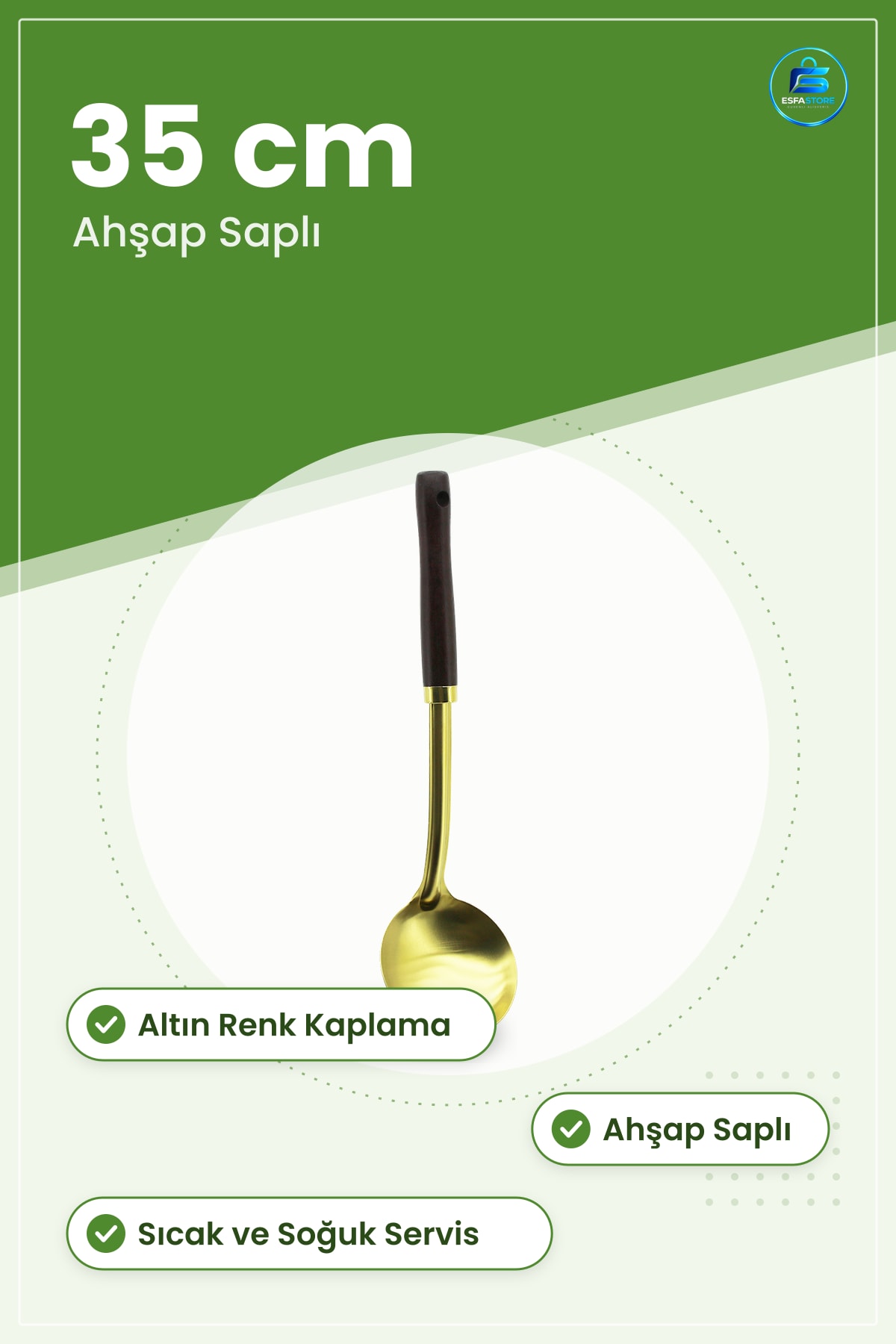 Metal Servis Kepçesi 35cm Altın Ahşap Saplı Mutfak Pişirme Sarf Malzemesi Sıcak Soğuk Sunum